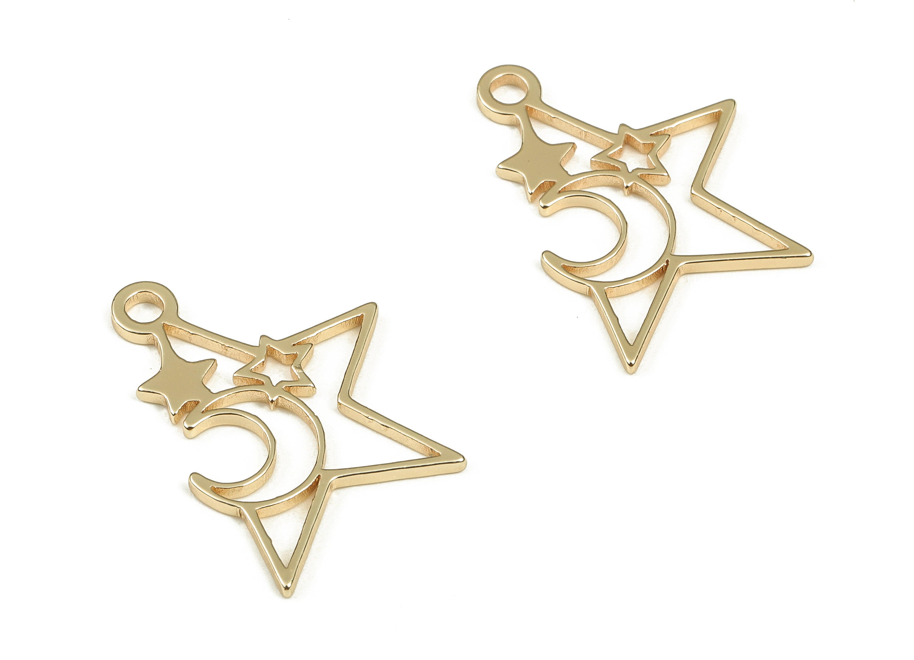 Brass Star Earring Charms - Gold Moon Pendant - 18K Real Gold Plated Brass - Jewelry Making Supplies - 20.05x18.53x0.99mm - RGP3732 - DOMEDBAZAAR