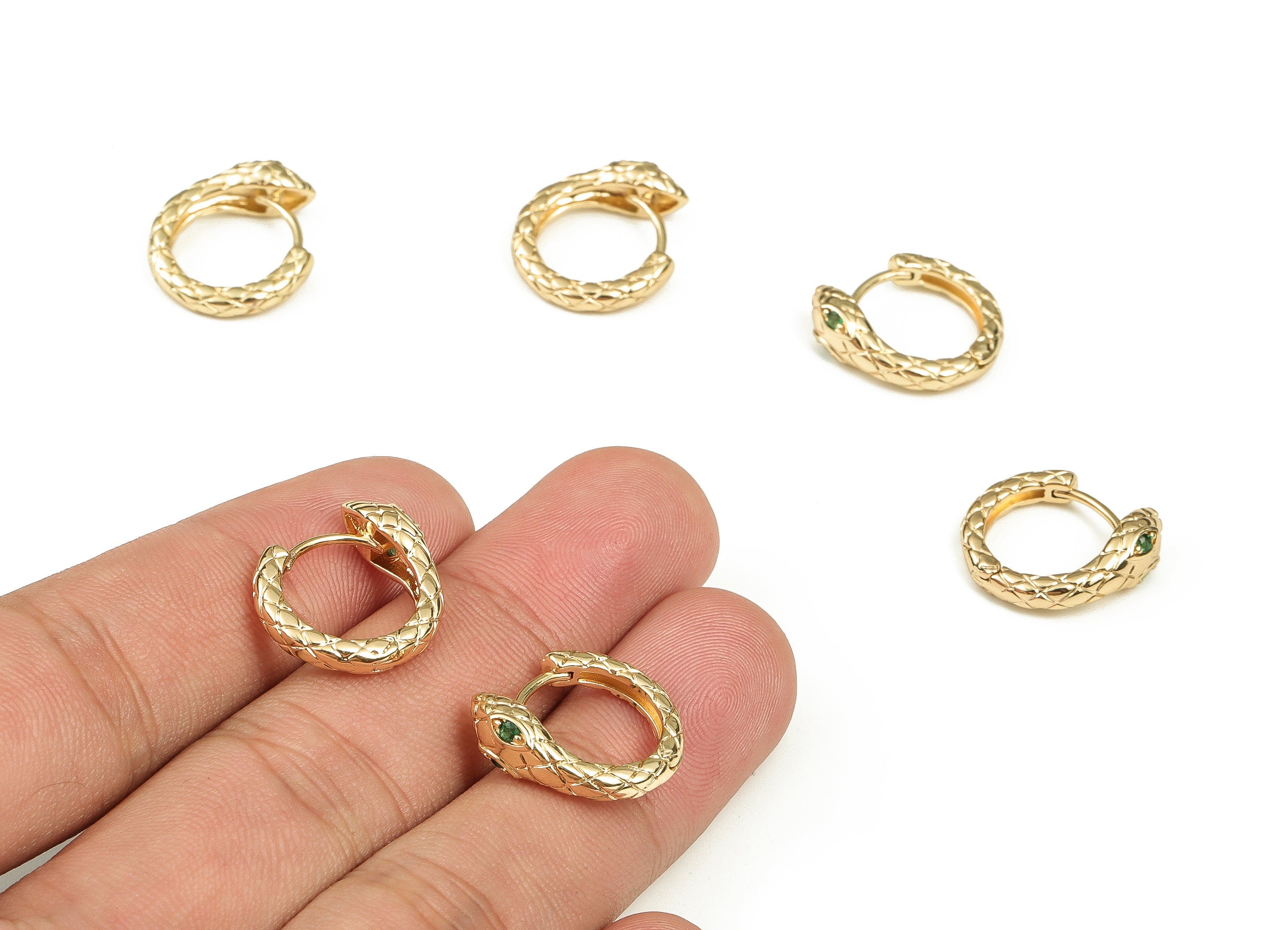 Brass Snake Huggie Hoop Earrings - Brass Multicolor Zircon Hoop - Gold Stud Earring - 18K Real Gold Plated Brass -17.4x16.01x5.78mm- RGP3699 - DOMEDBAZAAR