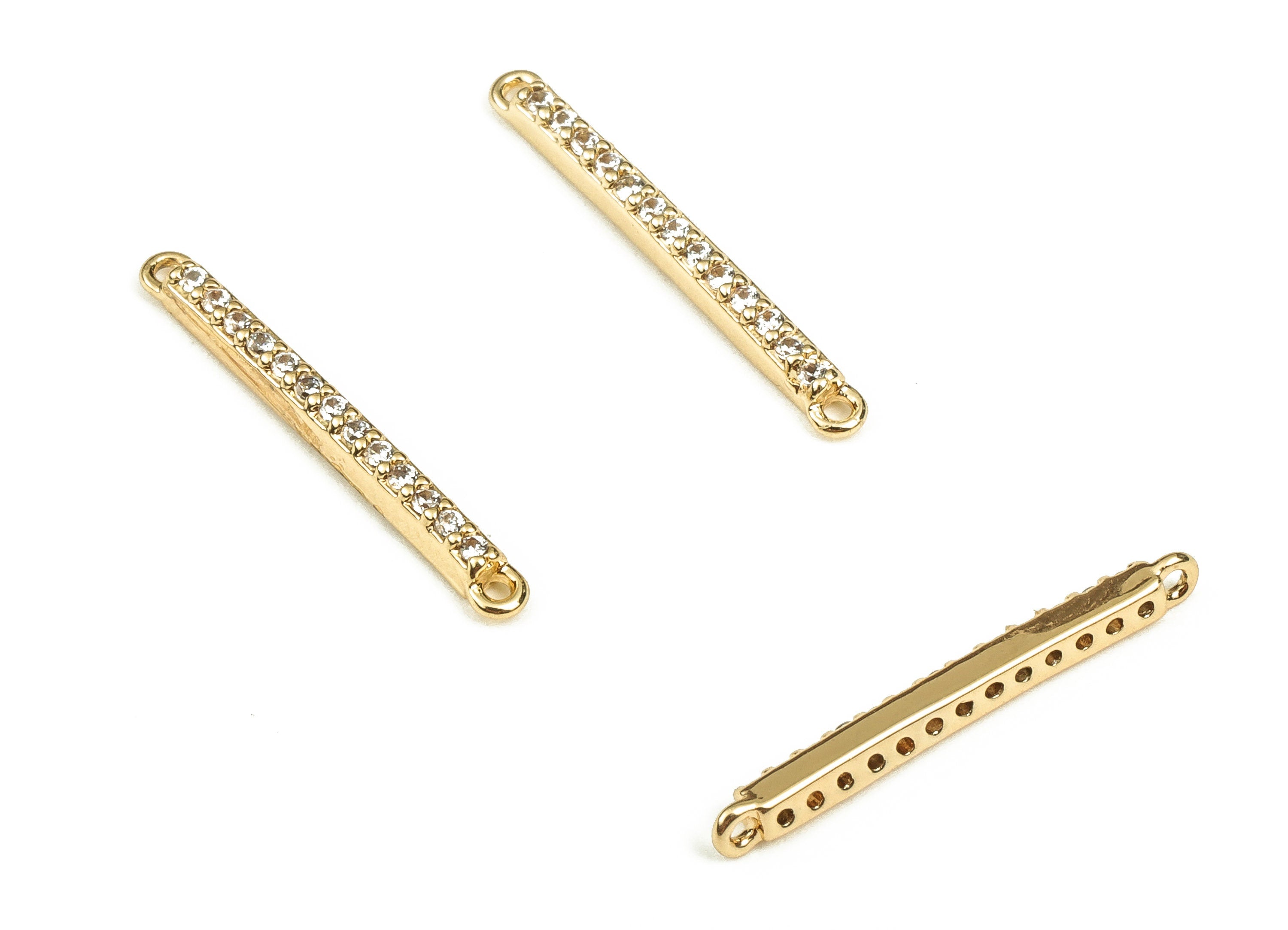 Brass Bar Connector - Brass Bar Connectors with Zircon - 18K Real Gold Plated Brass - Cubic Zircon Stick Charms -18.83x2.06x1.9mm- RGP3484 - DOMEDBAZAAR