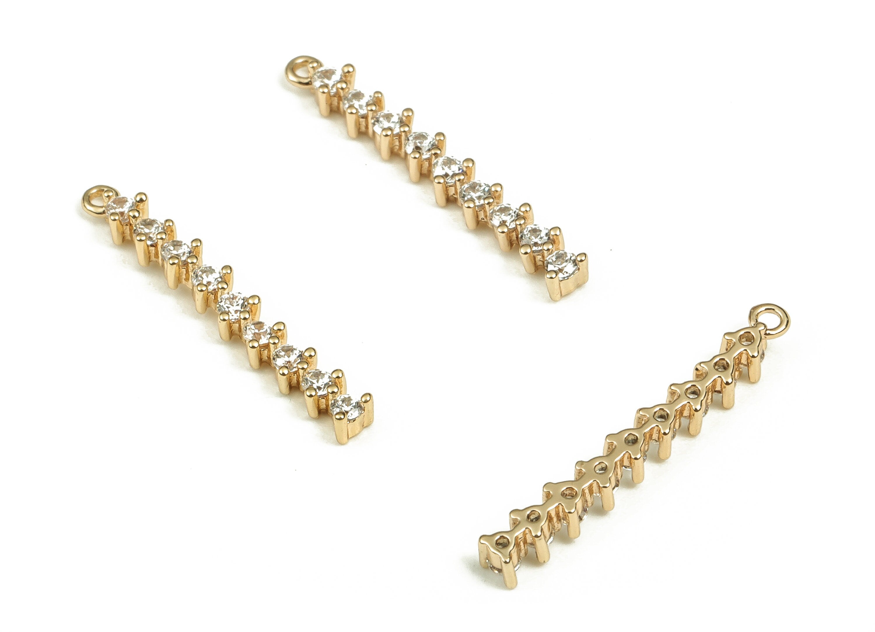 Brass Strip Earring Connector With Zircons - Gold Strip Pendant - 18K Real Gold Plated Brass - Jewelry Supplies - 18.38x2.35x2.1mm - RGP3704 - DOMEDBAZAAR
