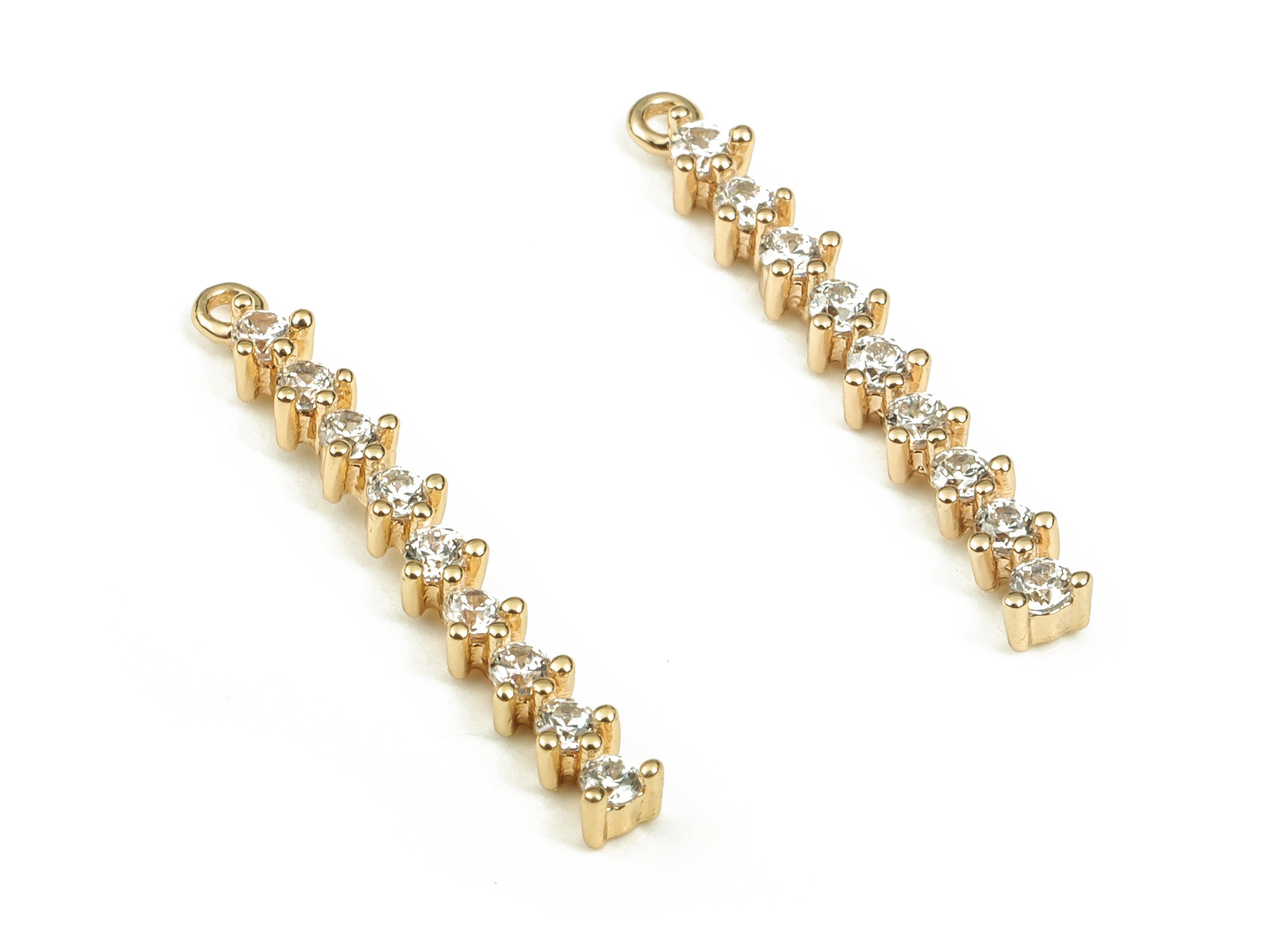 Brass Strip Earring Connector With Zircons - Gold Strip Pendant - 18K Real Gold Plated Brass - Jewelry Supplies - 18.38x2.35x2.1mm - RGP3704 - DOMEDBAZAAR