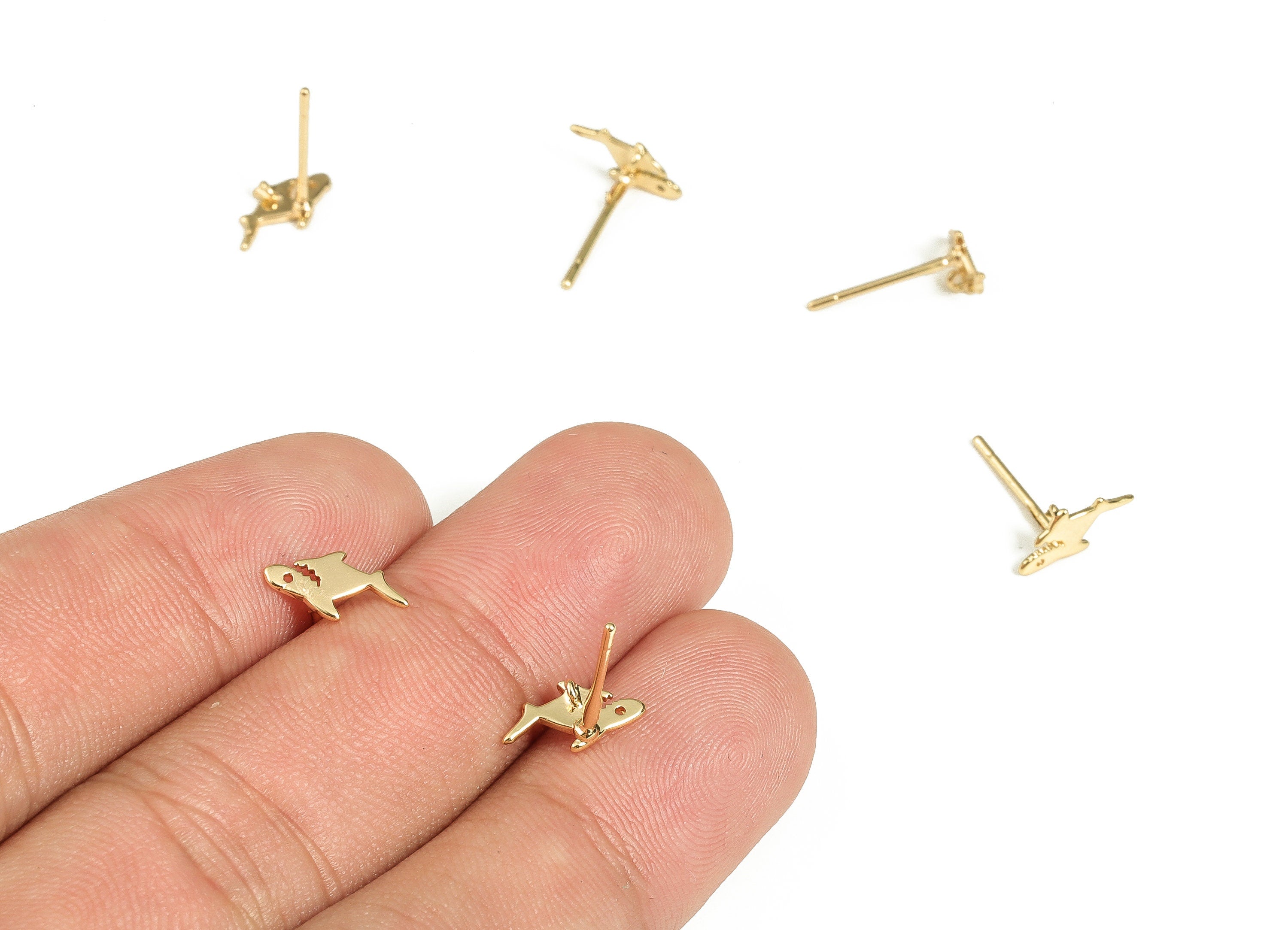 Brass Shark Earring Post - Gold Shark Stud - 18K Real Gold Plated Brass - Brass Stud - Jewelry Making Supplies - 10.3x5.57x1.37mm - RGP3623 - DOMEDBAZAAR