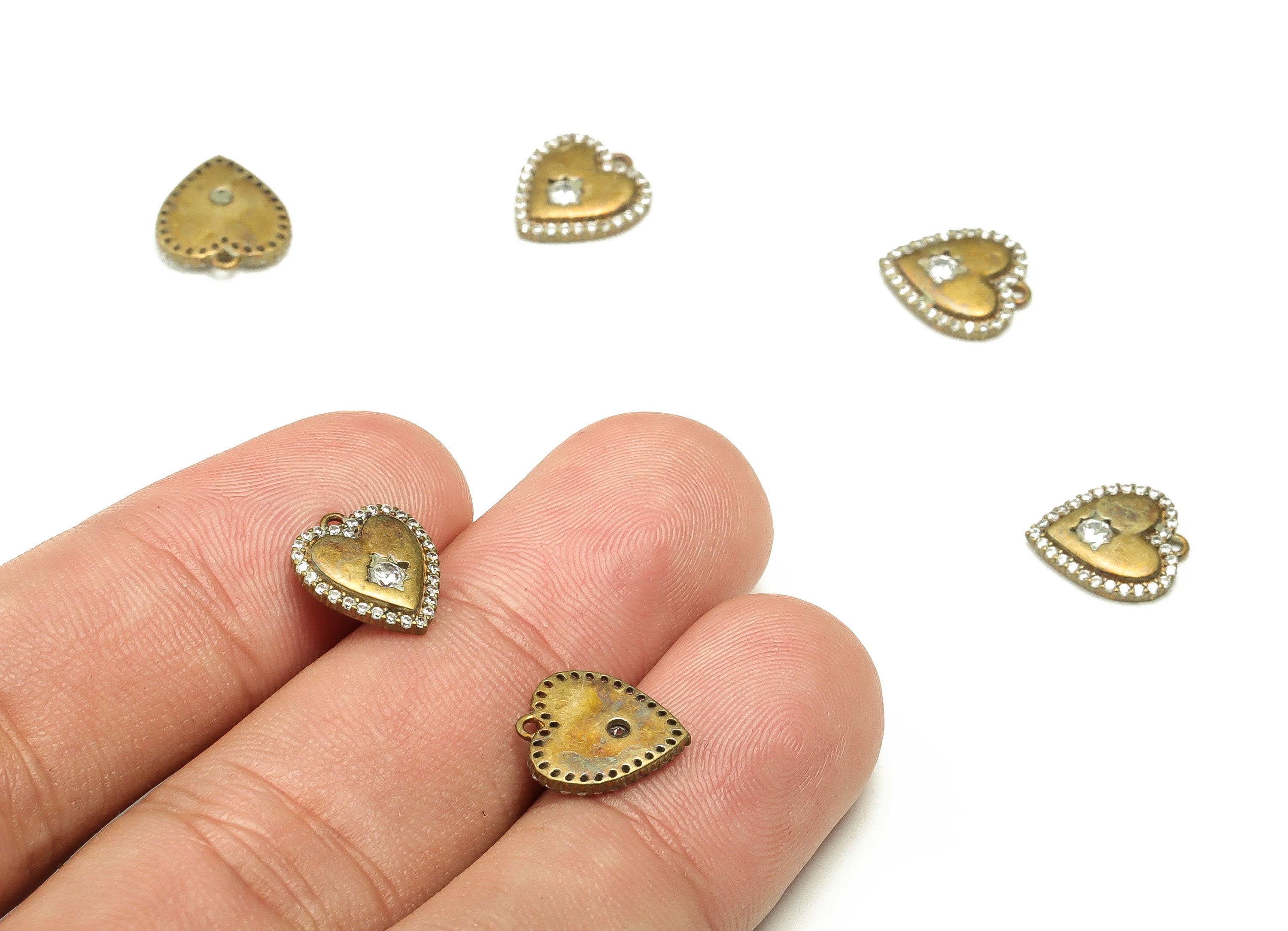 Brass Heart Earring Charms With Zircons - Raw Brass Heart Pendant - Earring Finding - Jewelry Making Supplies - 11.45x10.14x1.88mm - PP4460 - DOMEDBAZAAR