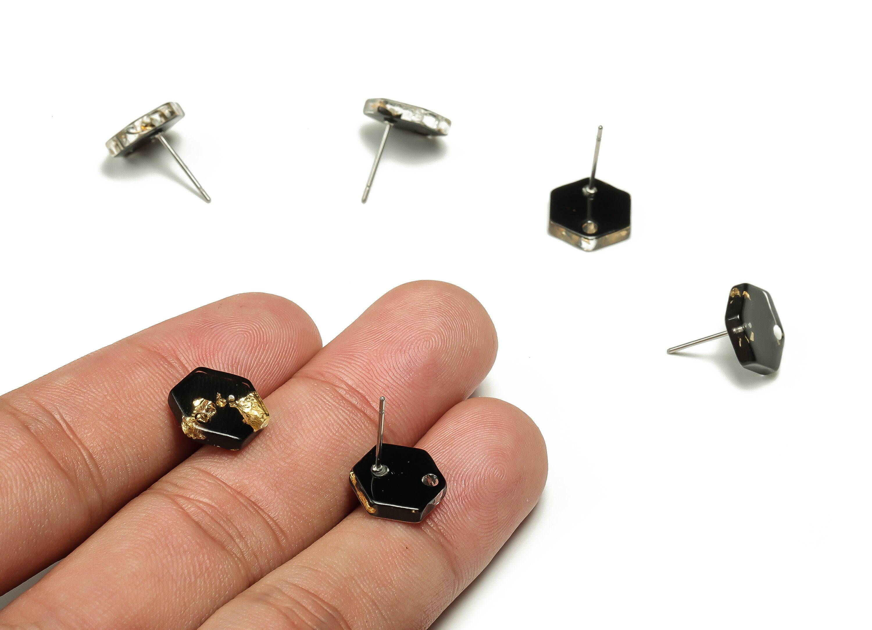 Acrylic Hexagon Earring Stud - Hexagon Earring Post - Black Gold Foil - Jewelry Supplies - Color Code: A440 - 12.47x11.9x2.6mm - AC1633-A440 - DOMEDBAZAAR