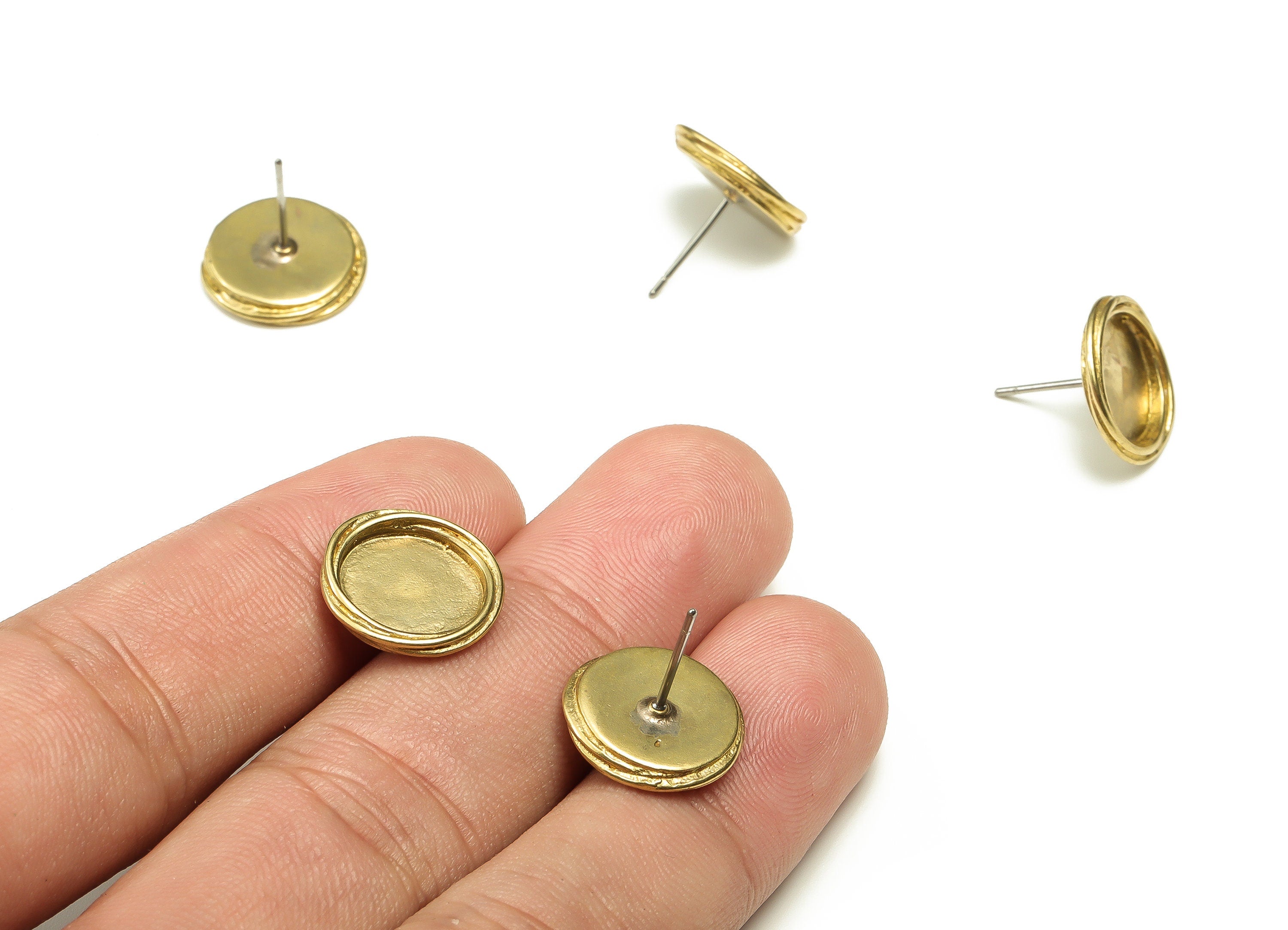 Brass Round Earring Stud - Raw Brass Circle Earring Post - Stainless Steel Stud - Jewelry Making Supplies - 14.25x14.08x2.45mm - PP4449 - DOMEDBAZAAR