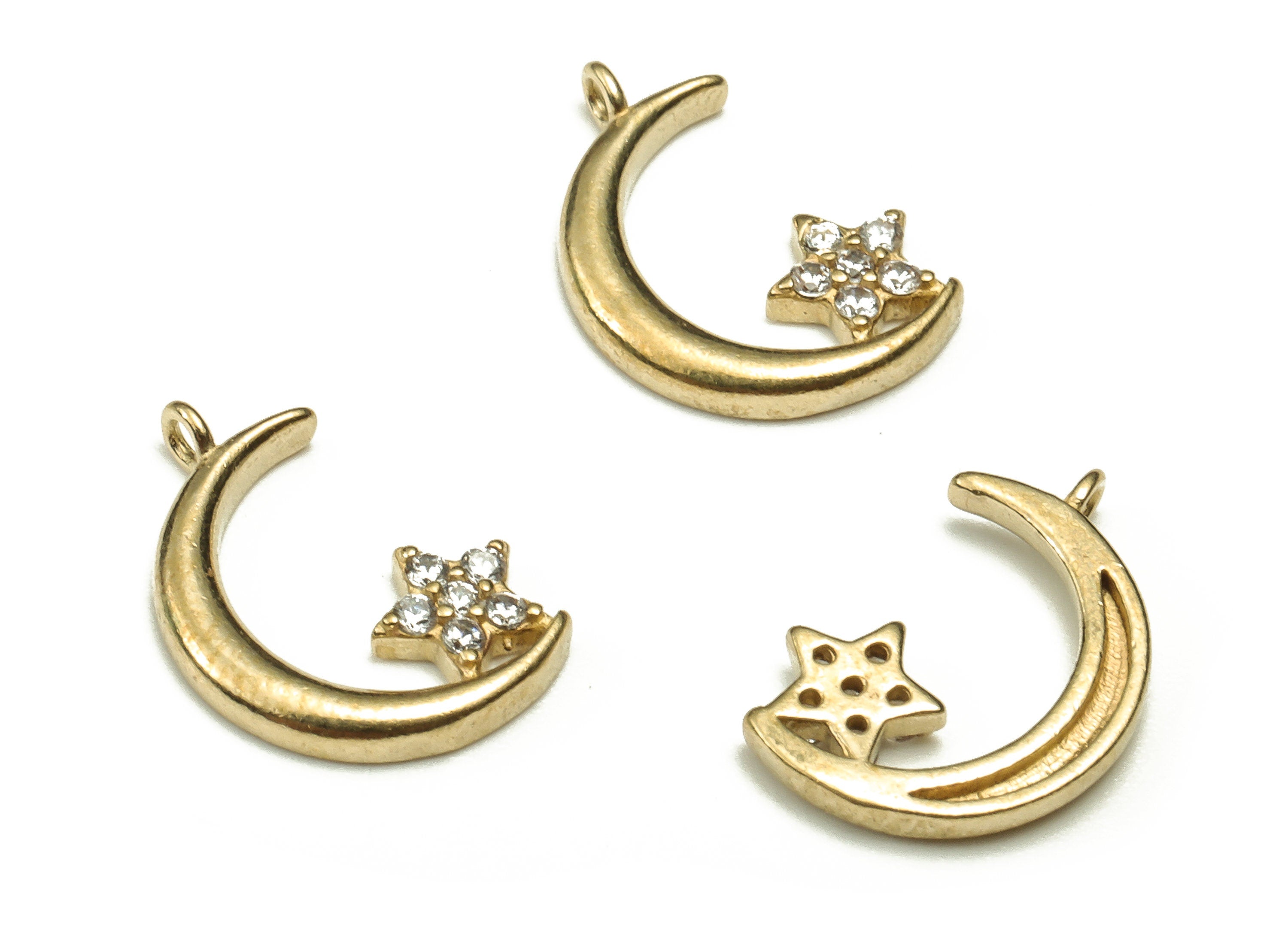Brass Crescent Earring Charms With Zircons - Raw Brass Moon Star Pendant -  Earring Finding - Jewellery Supplies - 12.8x8.8x1.6mm - PP4447 - DOMEDBAZAAR