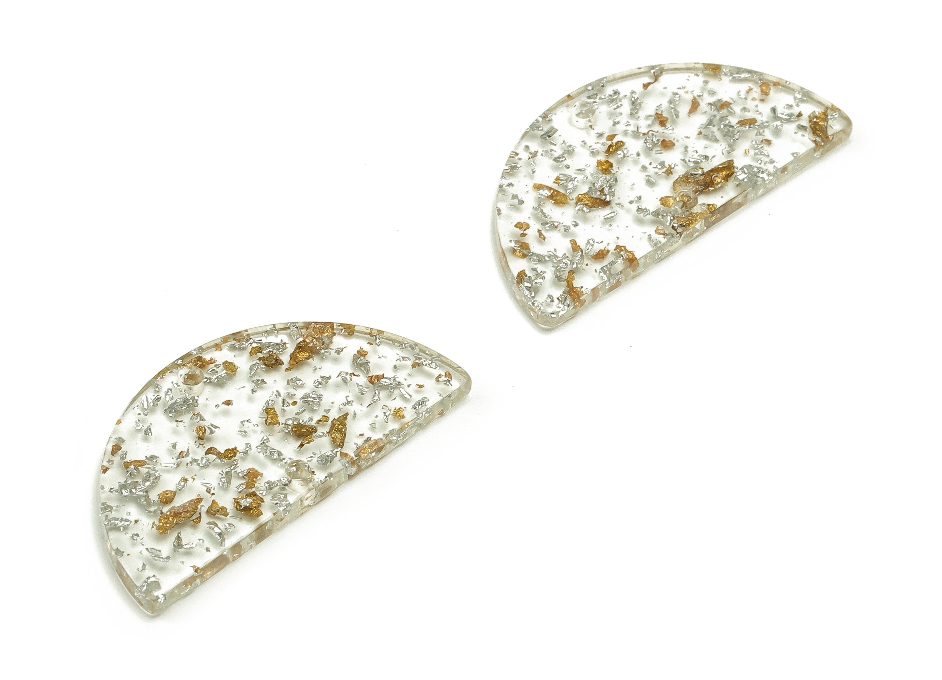 Acrylic Semicircle Earring Connectors - Acrylic Half Moon Charms - Gold Silver Foil & Confetti - Color Code:A434-33.5x16.8x2.4mm-AC1218-A501 - DOMEDBAZAAR