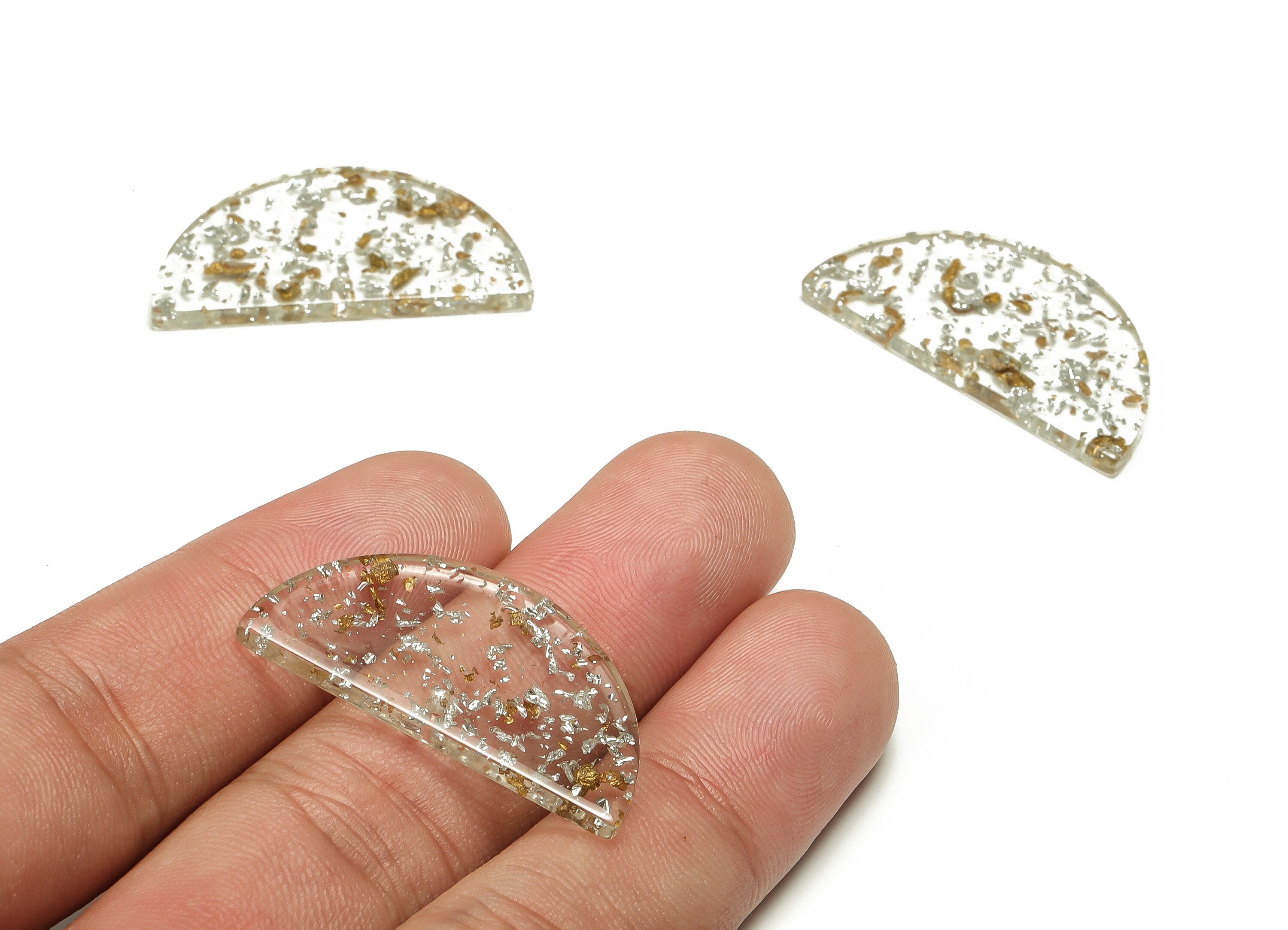 Acrylic Semicircle Earring Connectors - Acrylic Half Moon Charms - Gold Silver Foil & Confetti - Color Code:A434-33.5x16.8x2.4mm-AC1218-A501 - DOMEDBAZAAR