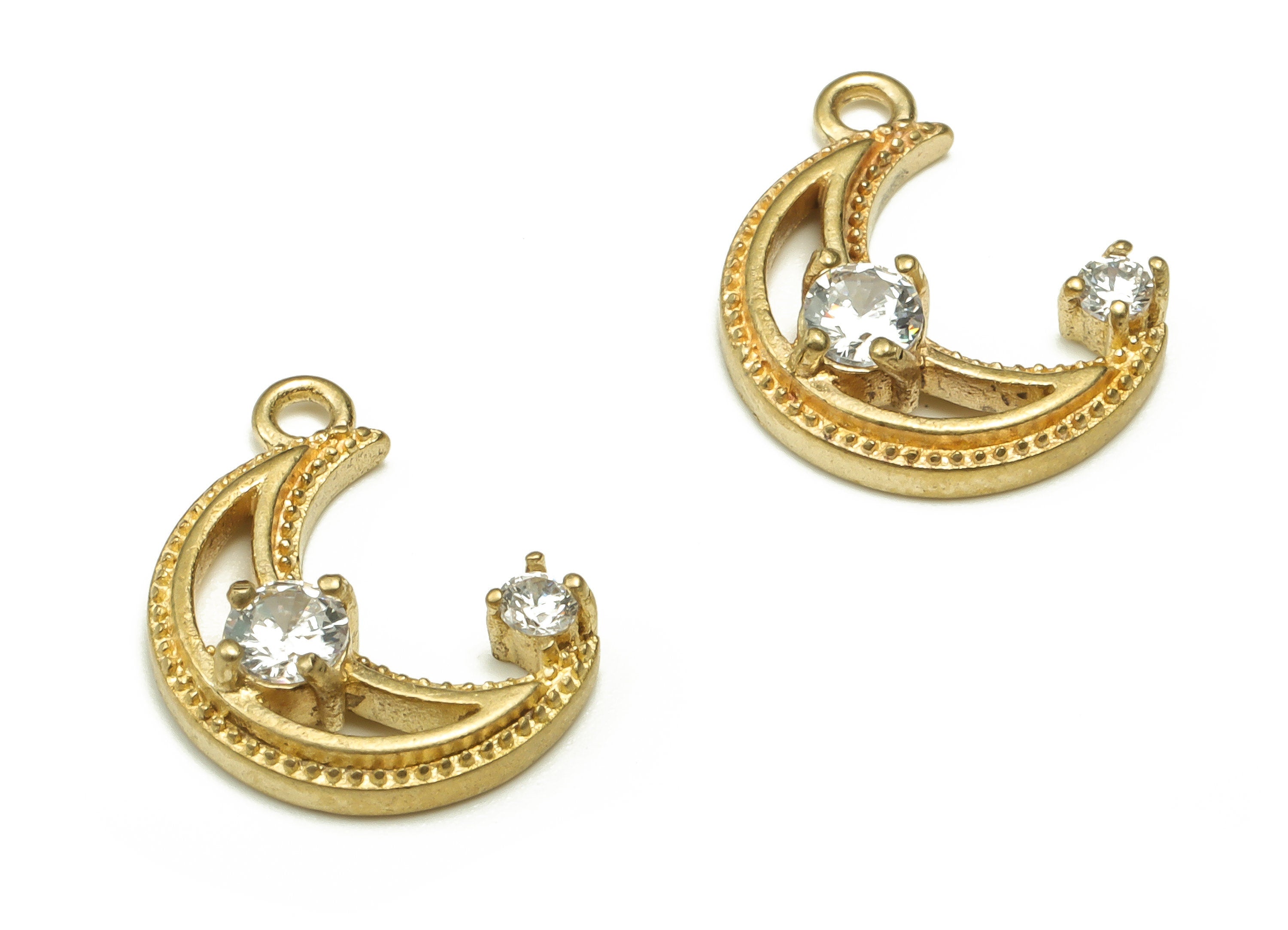 Brass Crescent Earring Charm With Zircon - Raw Brass Moon Pendant - Earrings Finding - Jewelry Making Supplies - 14.51x10.52x3.46mm - PP4561 - DOMEDBAZAAR