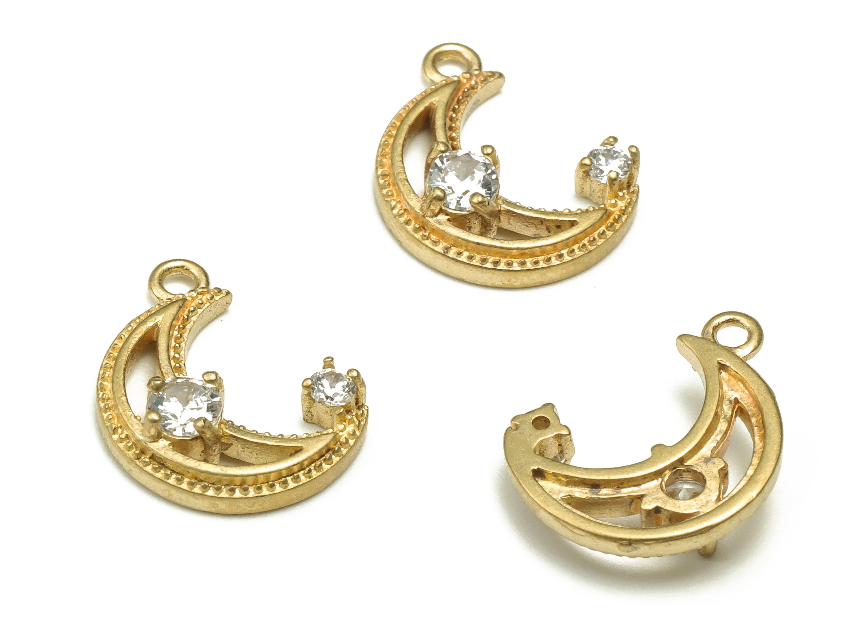 Brass Crescent Earring Charm With Zircon - Raw Brass Moon Pendant - Earrings Finding - Jewelry Making Supplies - 14.51x10.52x3.46mm - PP4561 - DOMEDBAZAAR