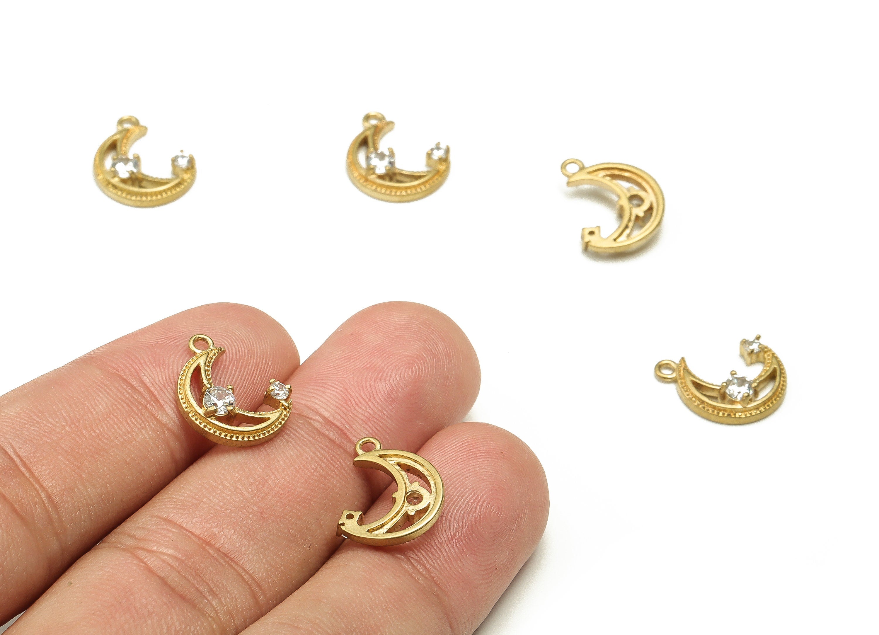 Brass Crescent Earring Charm With Zircon - Raw Brass Moon Pendant - Earrings Finding - Jewelry Making Supplies - 14.51x10.52x3.46mm - PP4561 - DOMEDBAZAAR