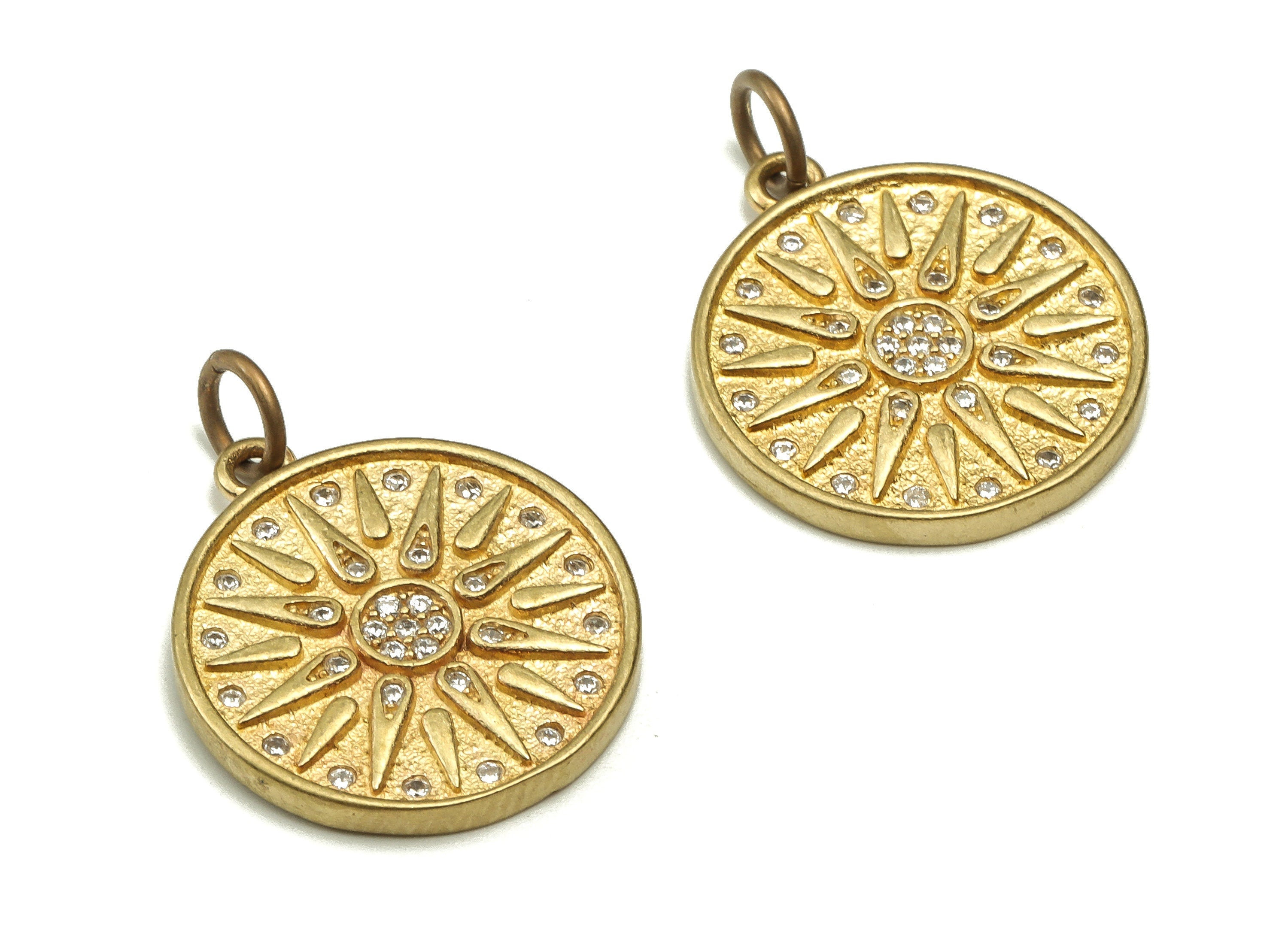 Brass Round Sun Earring Charms With Zircons - Raw Brass Circle Pendant - Earring Finding - Jewelry Making Supplies - 19x16.8x1.8mm - PP4652 - DOMEDBAZAAR