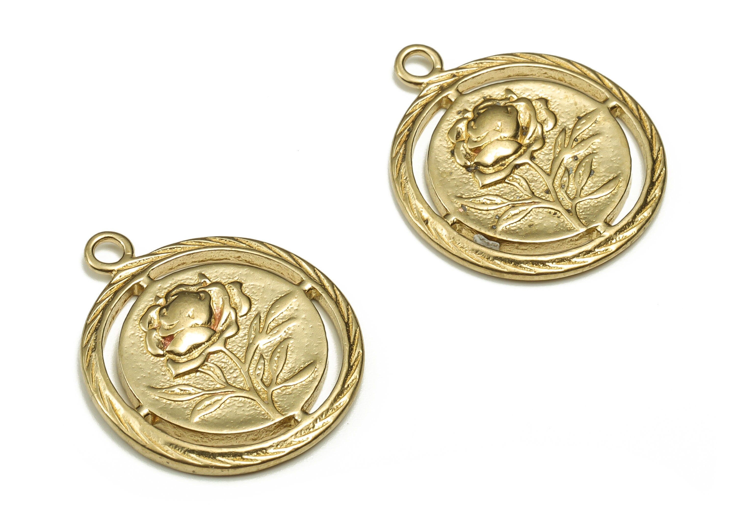 Brass Round Earring Charms - Raw Brass Rose Flower Pendant - Earring Findings - Jewelry Making Supplies - 22.09x18.77x1.92mm - PP4669 - DOMEDBAZAAR