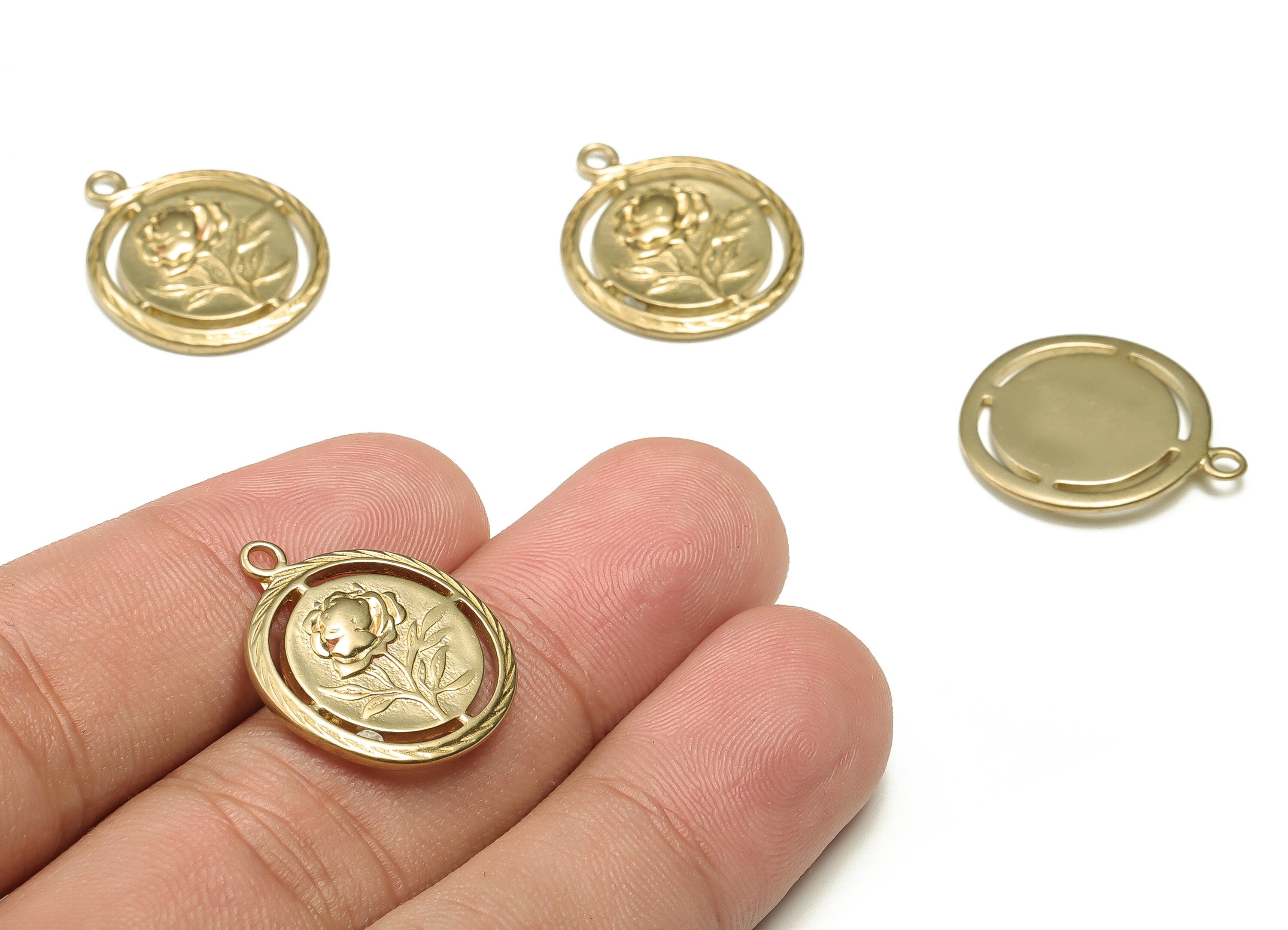 Brass Round Earring Charms - Raw Brass Rose Flower Pendant - Earring Findings - Jewelry Making Supplies - 22.09x18.77x1.92mm - PP4669 - DOMEDBAZAAR