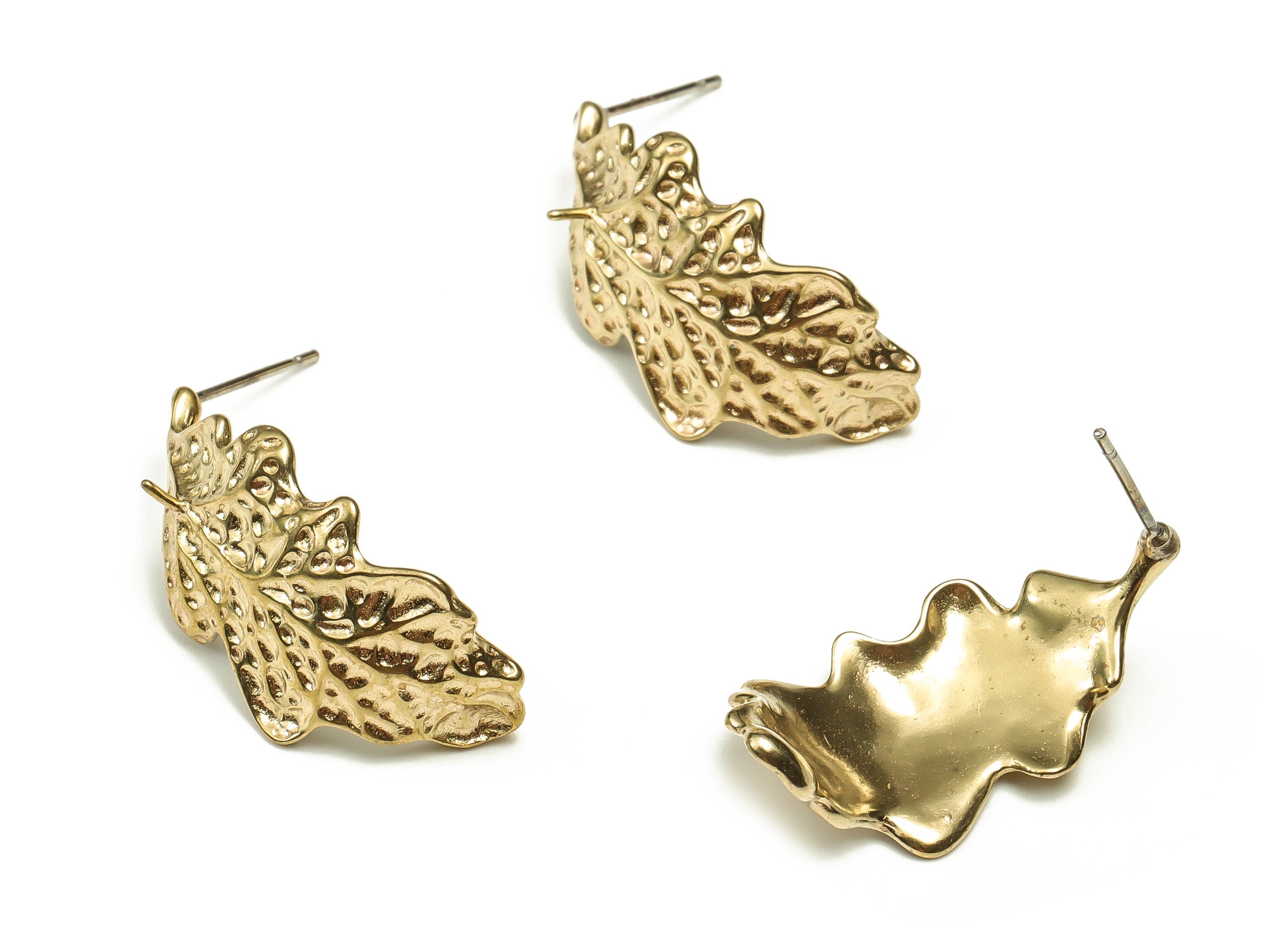 Brass Leaves Earring Stud - Raw Brass Leaves Earring Post - Stainless Steel Stud - Jewelry Making Supplies - 28.78x14.31x2.17mm - PP4663 - DOMEDBAZAAR