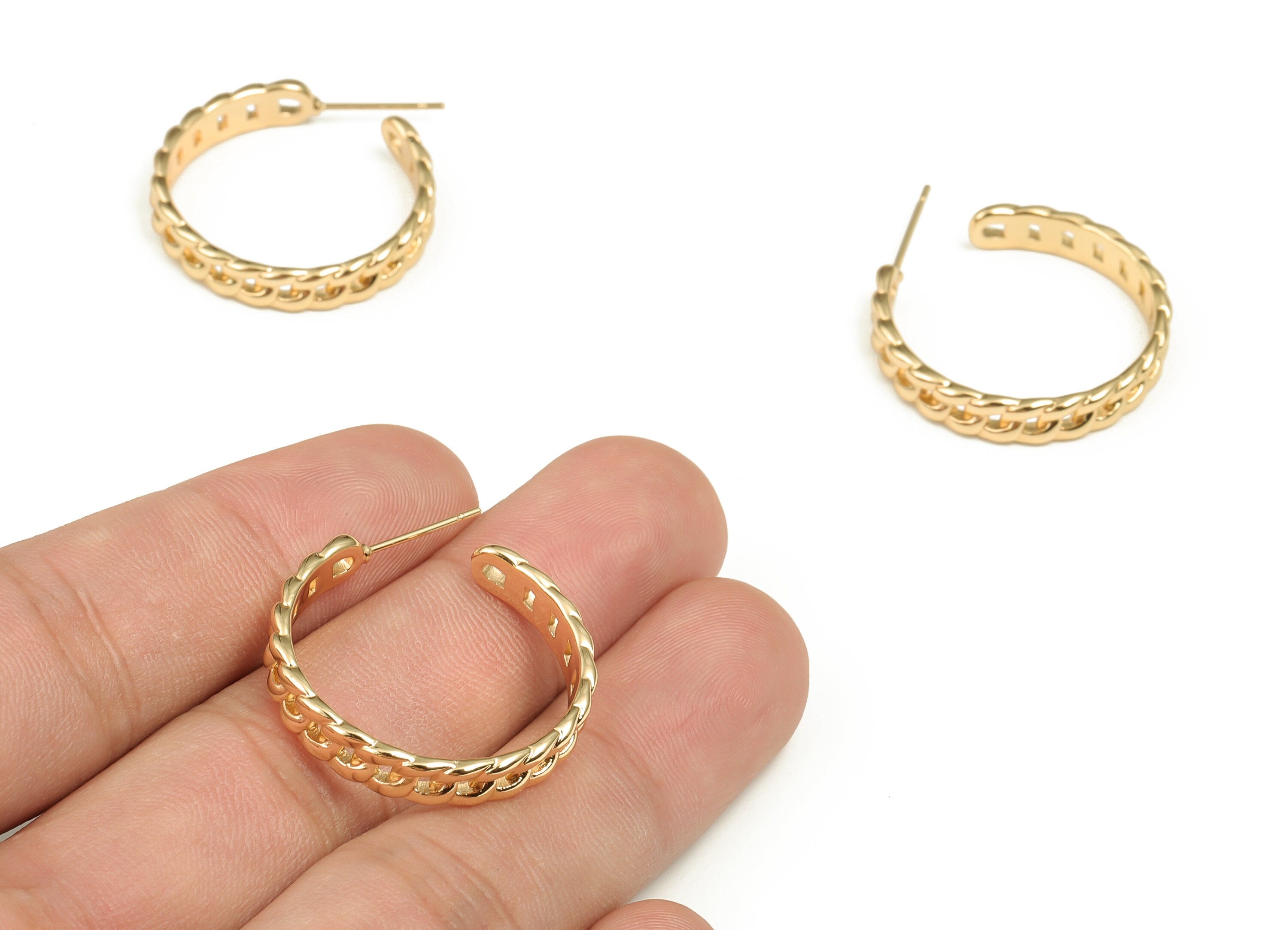Brass Cable Chain C Earring Stud - Gold C Earring Post  - 18K Real Gold Plated Brass - Jewelry Making Supplies - 26.71x26.34x1.9mm - RGP3639 - DOMEDBAZAAR
