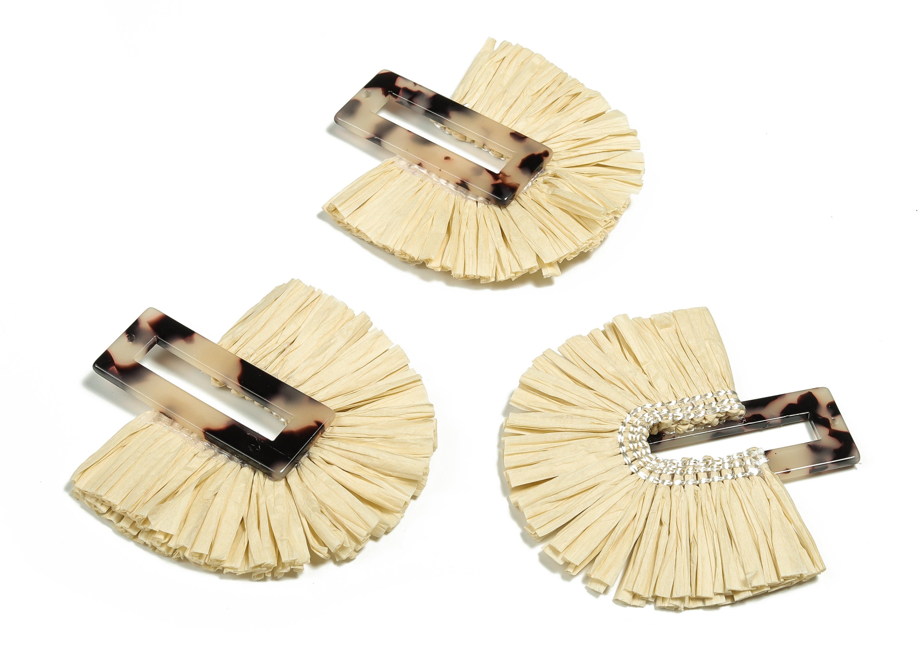 Acetate Acrylic Earring Charm with Single Layer Raffia - Tassels Fan - Blonde Tortoise Shell - Color Code: A06 - 70x62x4mm - AC1628-A06 - DOMEDBAZAAR