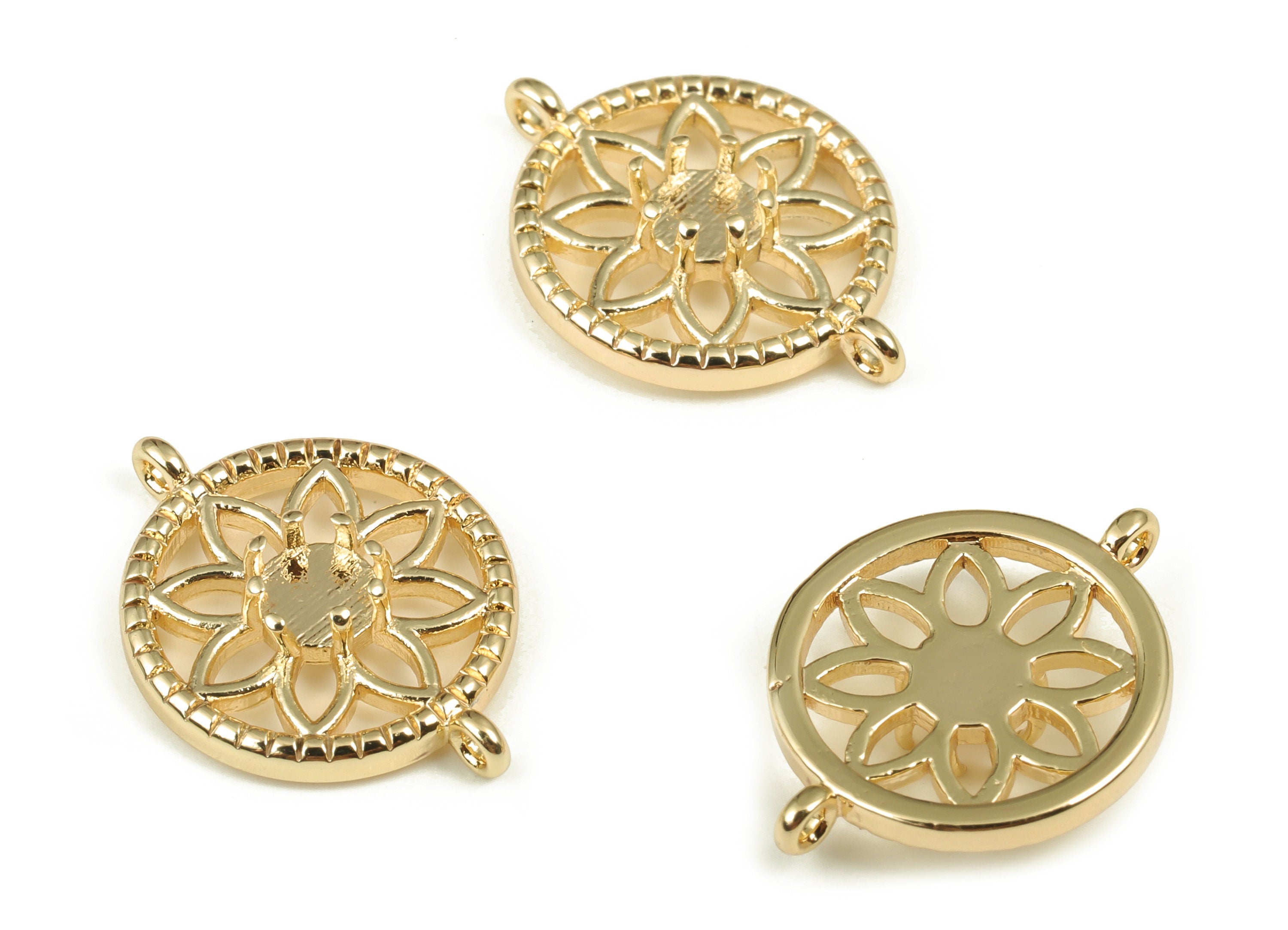 Brass Round Earrings Connector - Gold Flower Pendant Charms - 18K Gold Plated Brass - Jewelry Making Supplies -17.47x12.97x3.37mm- RGP3587 - DOMEDBAZAAR