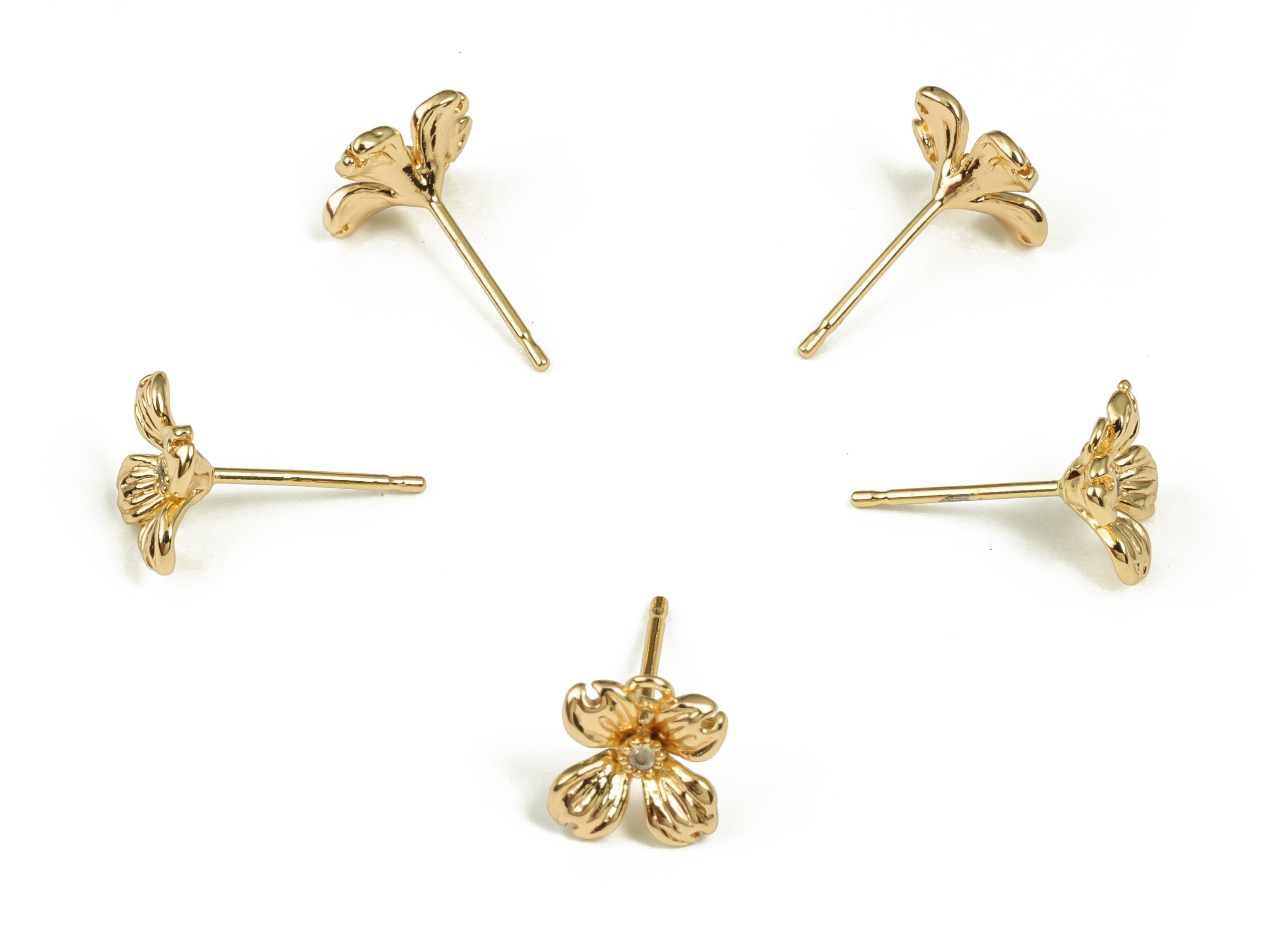 Brass Flower Earring Stud With Zircons - Gold Flower Earring Post - Brass Stud - 18K Real Gold Plated Brass – 8.75x7.94x2.06mm - RGP3589 - DOMEDBAZAAR