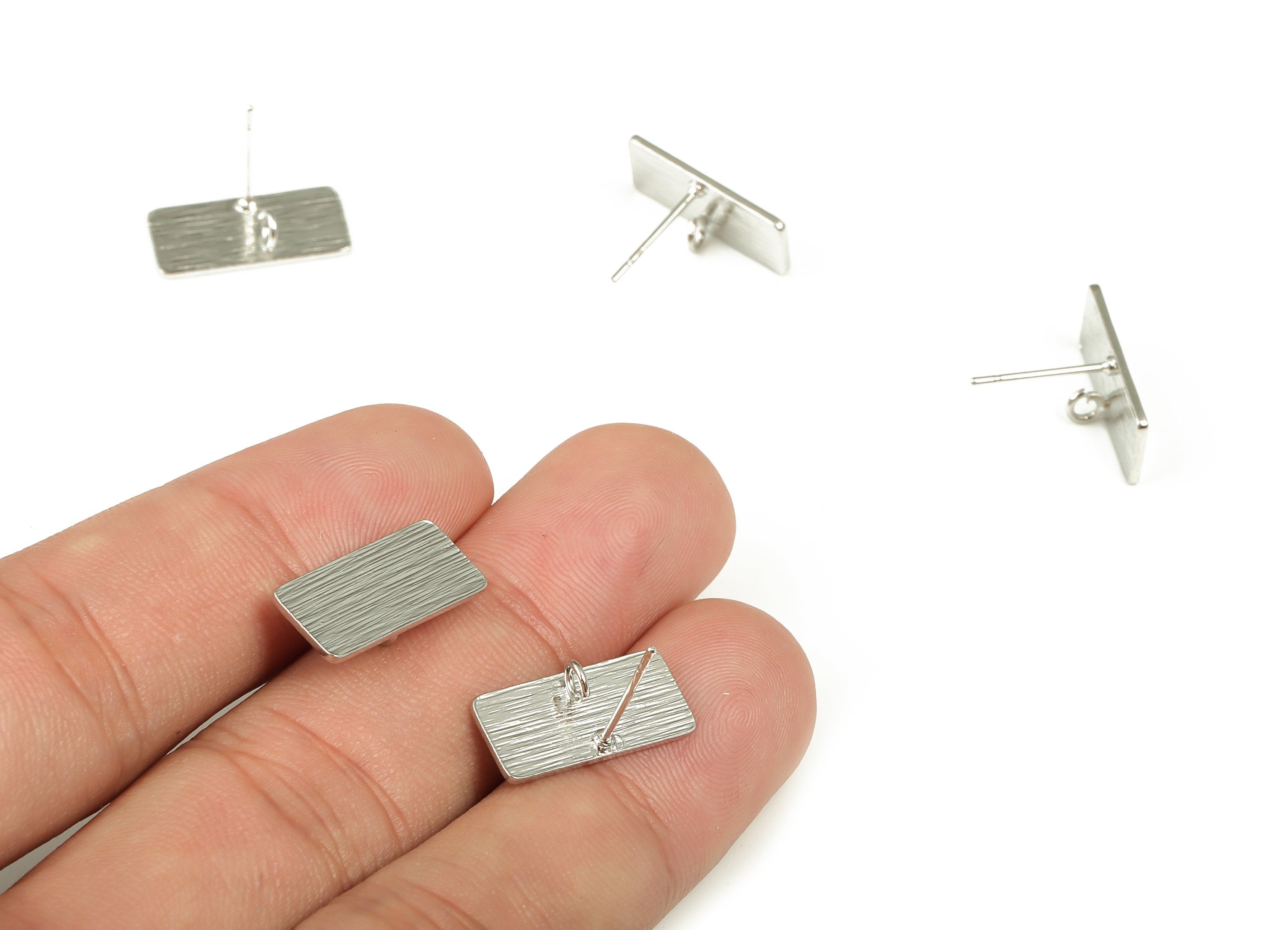 Brass Texture Rectangle Earring Post - Rectangle Earring Stud - 18K Real White Gold Plated Brass – Earring Findings - 17x8x0.9mm - RGP3955S - DOMEDBAZAAR