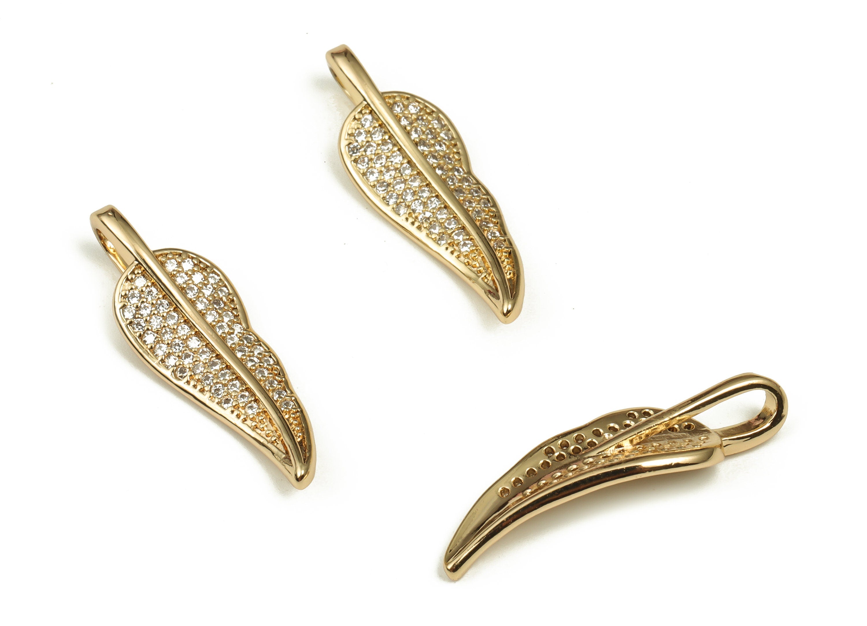 Brass Leaf Earring Charms - Brass Leaf Pendant Charm with Zircon - 18k Gold Plated Brass - DIY Jewelry Supplies - 27.01×8.88×2.49mm- RGP4016 - DOMEDBAZAAR