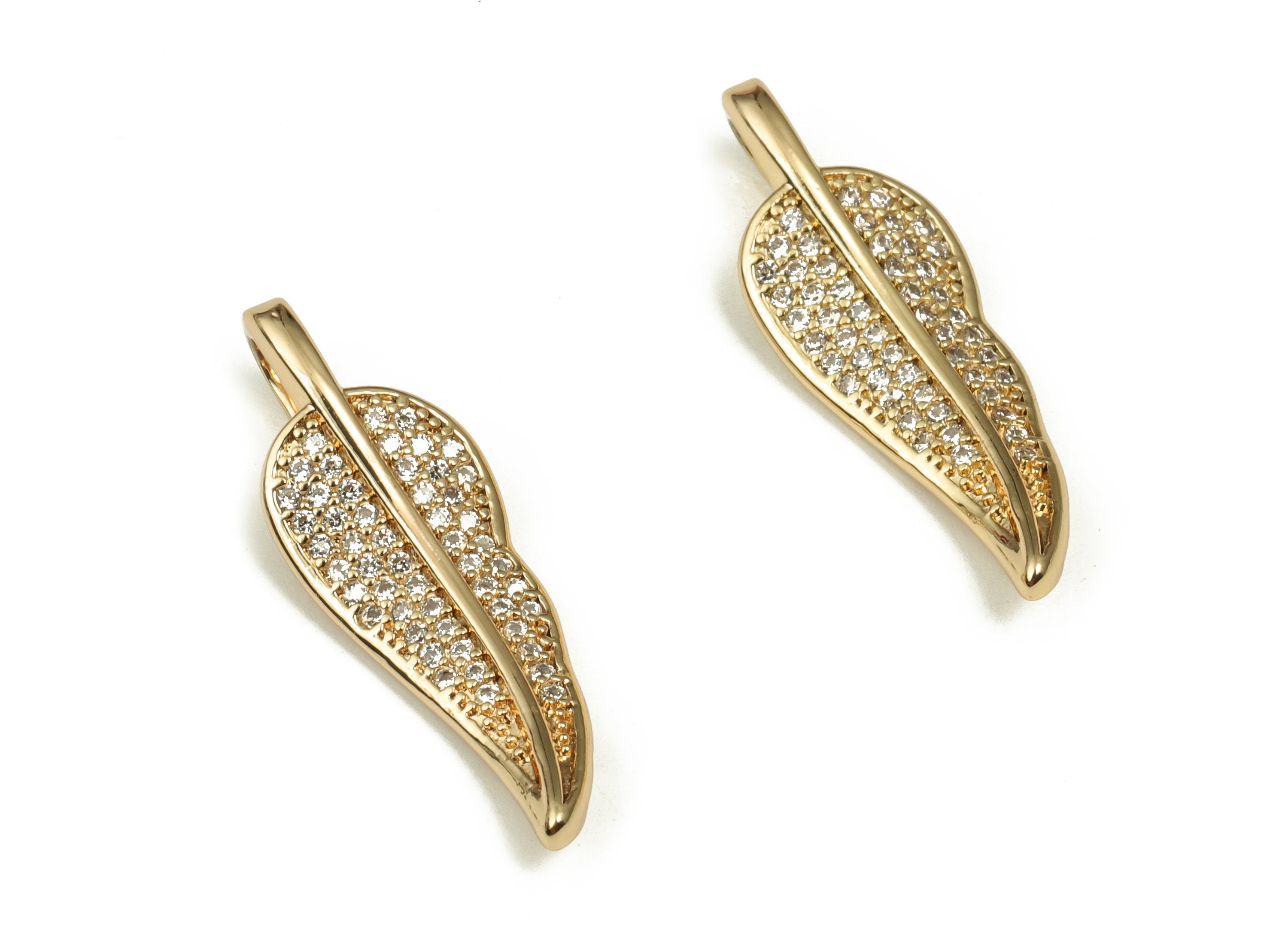 Brass Leaf Earring Charms - Brass Leaf Pendant Charm with Zircon - 18k Gold Plated Brass - DIY Jewelry Supplies - 27.01×8.88×2.49mm- RGP4016 - DOMEDBAZAAR