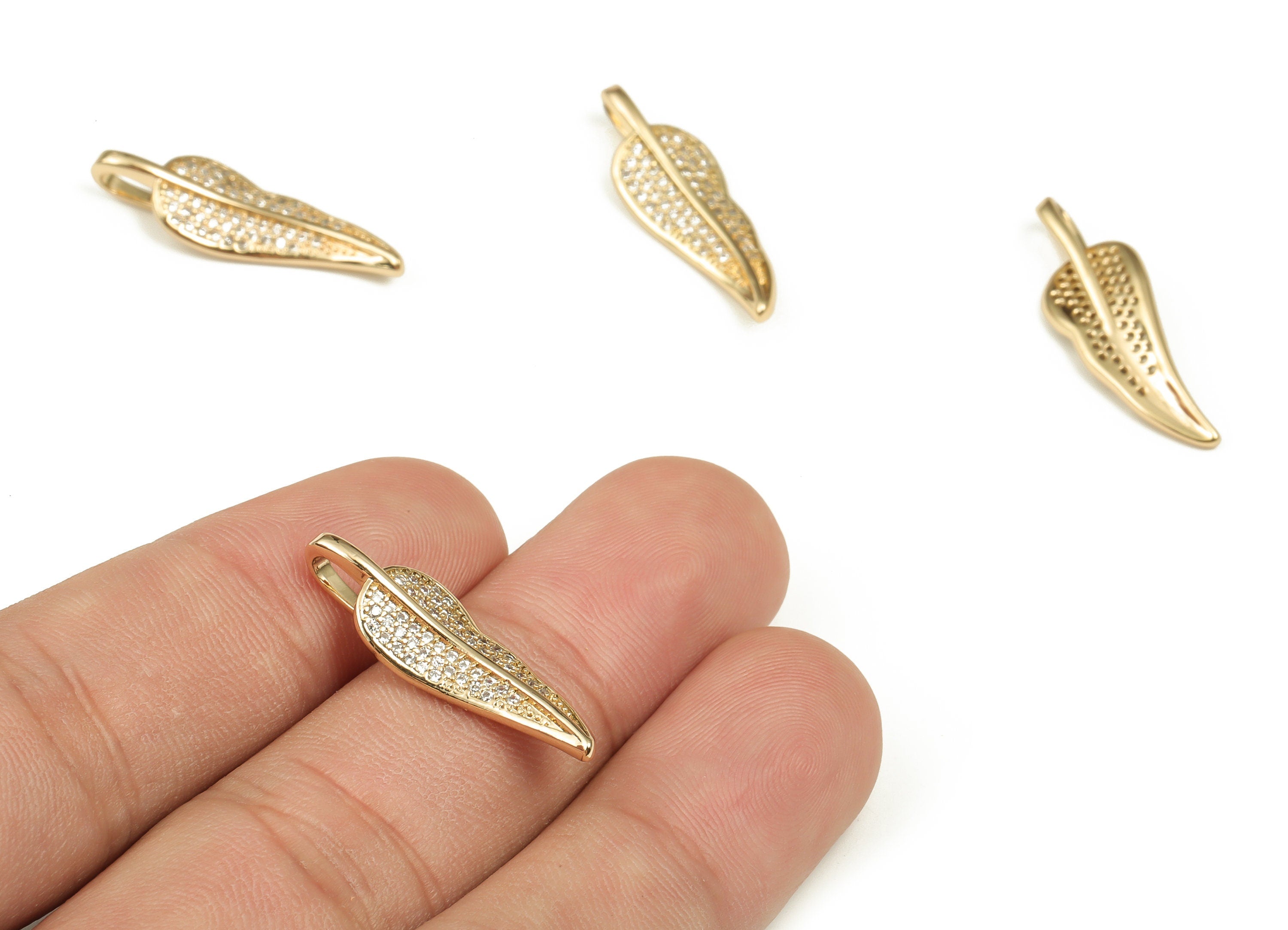 Brass Leaf Earring Charms - Brass Leaf Pendant Charm with Zircon - 18k Gold Plated Brass - DIY Jewelry Supplies - 27.01×8.88×2.49mm- RGP4016 - DOMEDBAZAAR