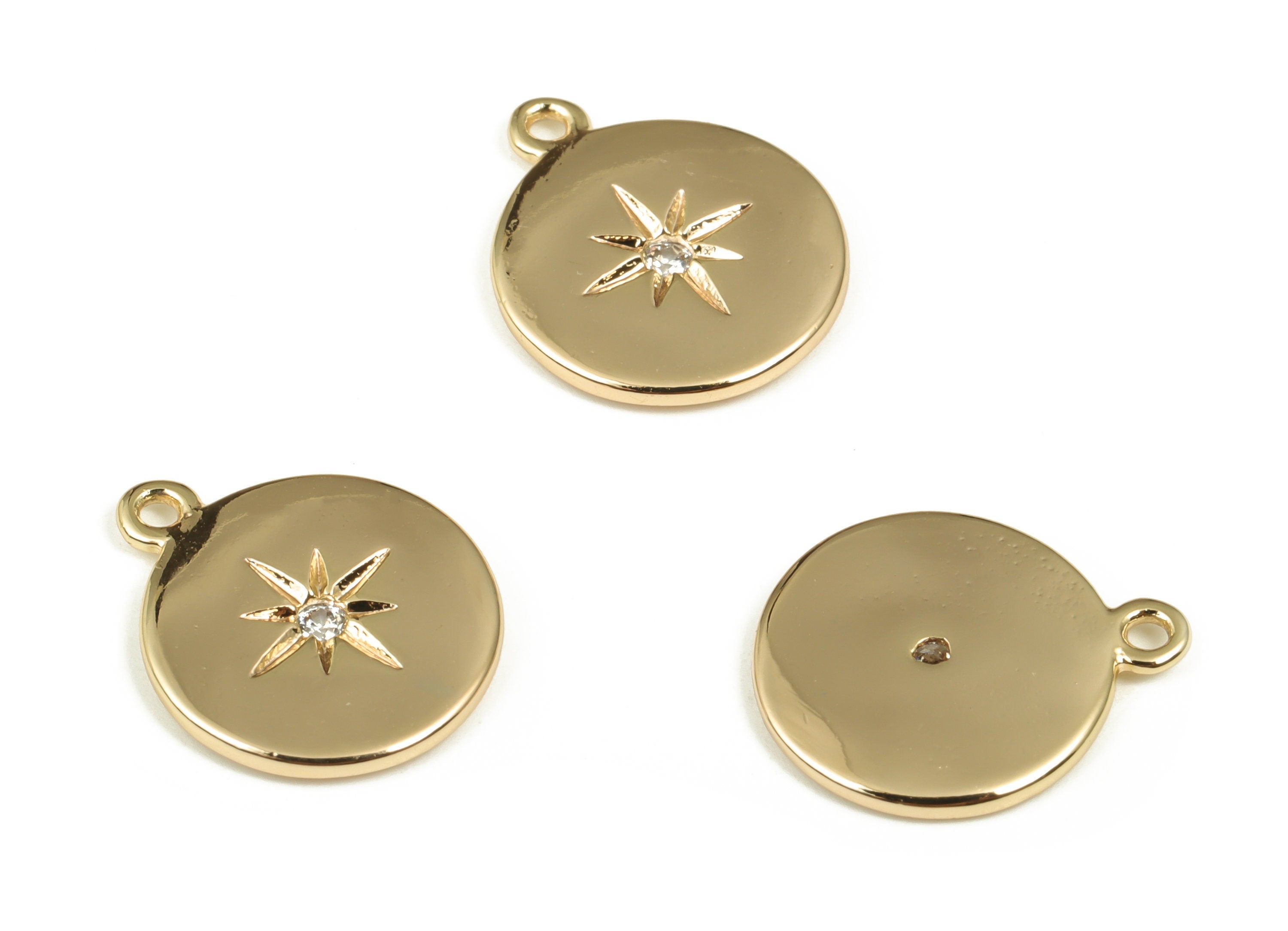 Brass Round Earring Charms With Zircons - Gold Star Pendant - 18K Real Gold Plated Brass - Jewelry Supplies - 14.4x12.04x1.63mm - RGP3593 - DOMEDBAZAAR