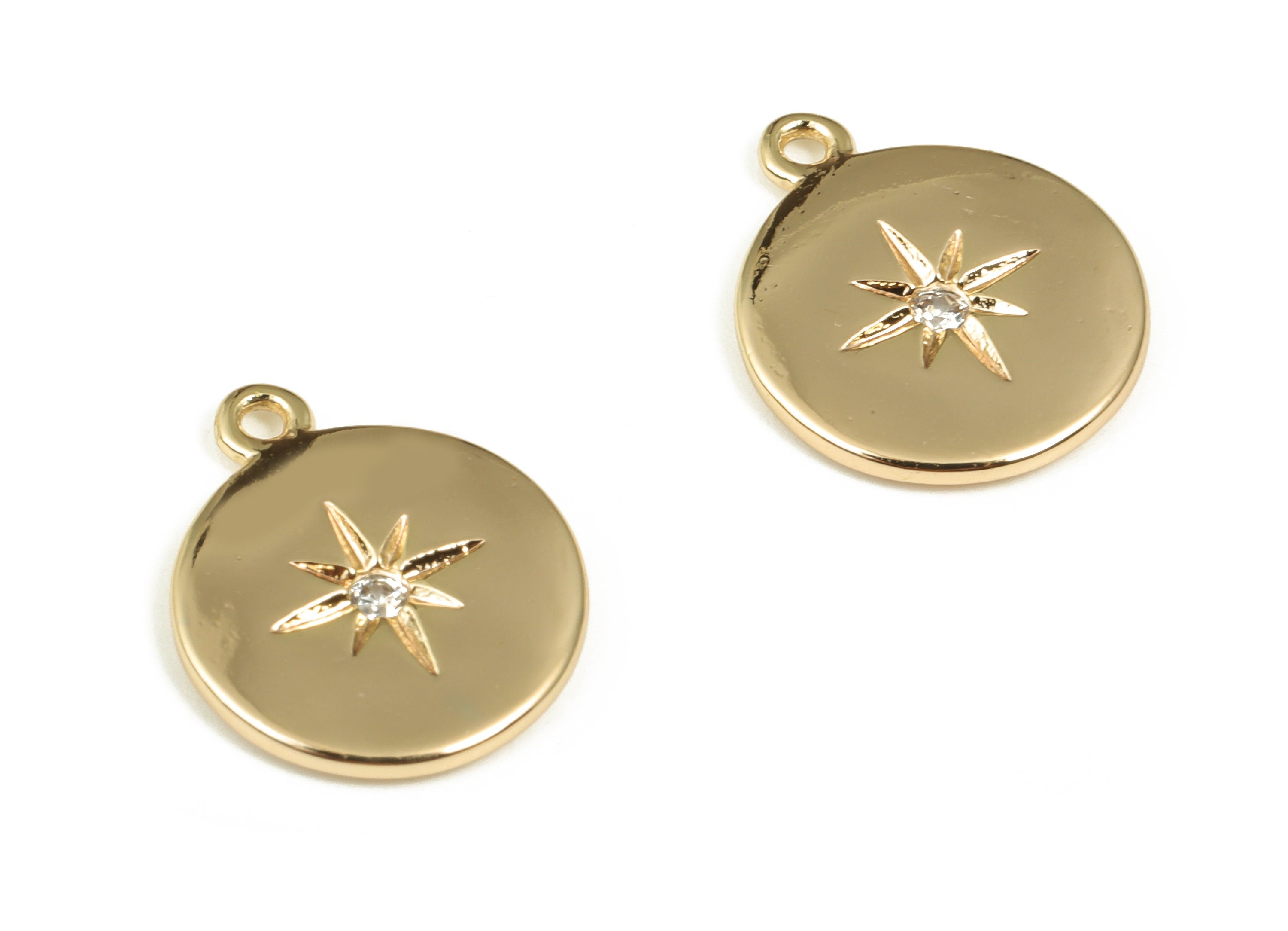 Brass Round Earring Charms With Zircons - Gold Star Pendant - 18K Real Gold Plated Brass - Jewelry Supplies - 14.4x12.04x1.63mm - RGP3593 - DOMEDBAZAAR