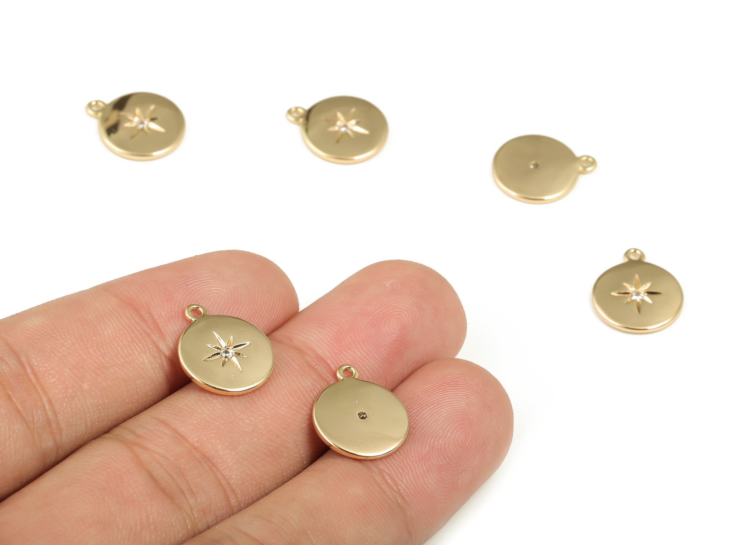 Brass Round Earring Charms With Zircons - Gold Star Pendant - 18K Real Gold Plated Brass - Jewelry Supplies - 14.4x12.04x1.63mm - RGP3593 - DOMEDBAZAAR