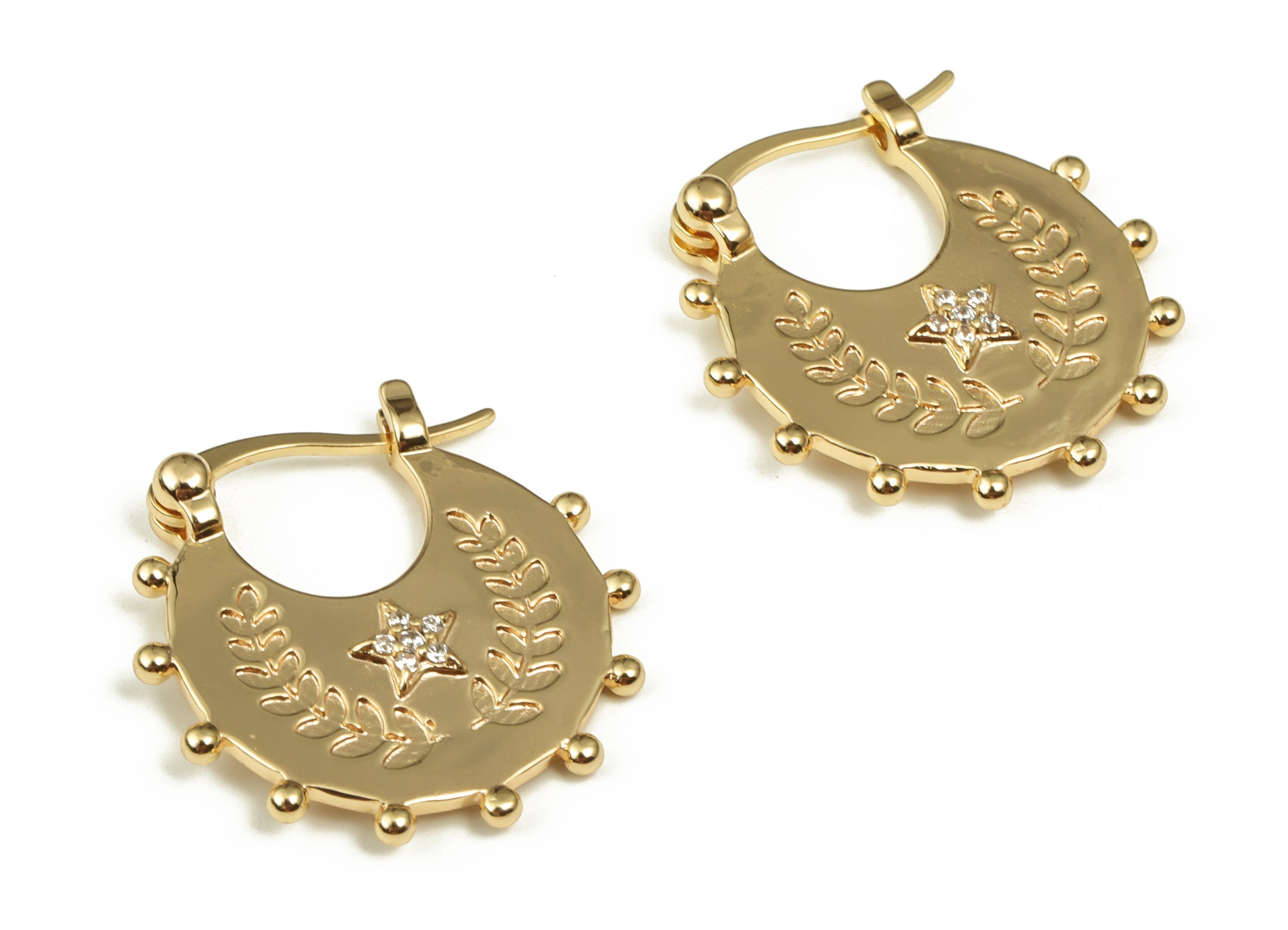 Brass Round Hoop Earring – Zircon Star Bali Hoop Earrings - 18K Real Gold Plated Brass - Jewelry Supplies - 23.6x22.29x3.45mm - RGP4018 - DOMEDBAZAAR