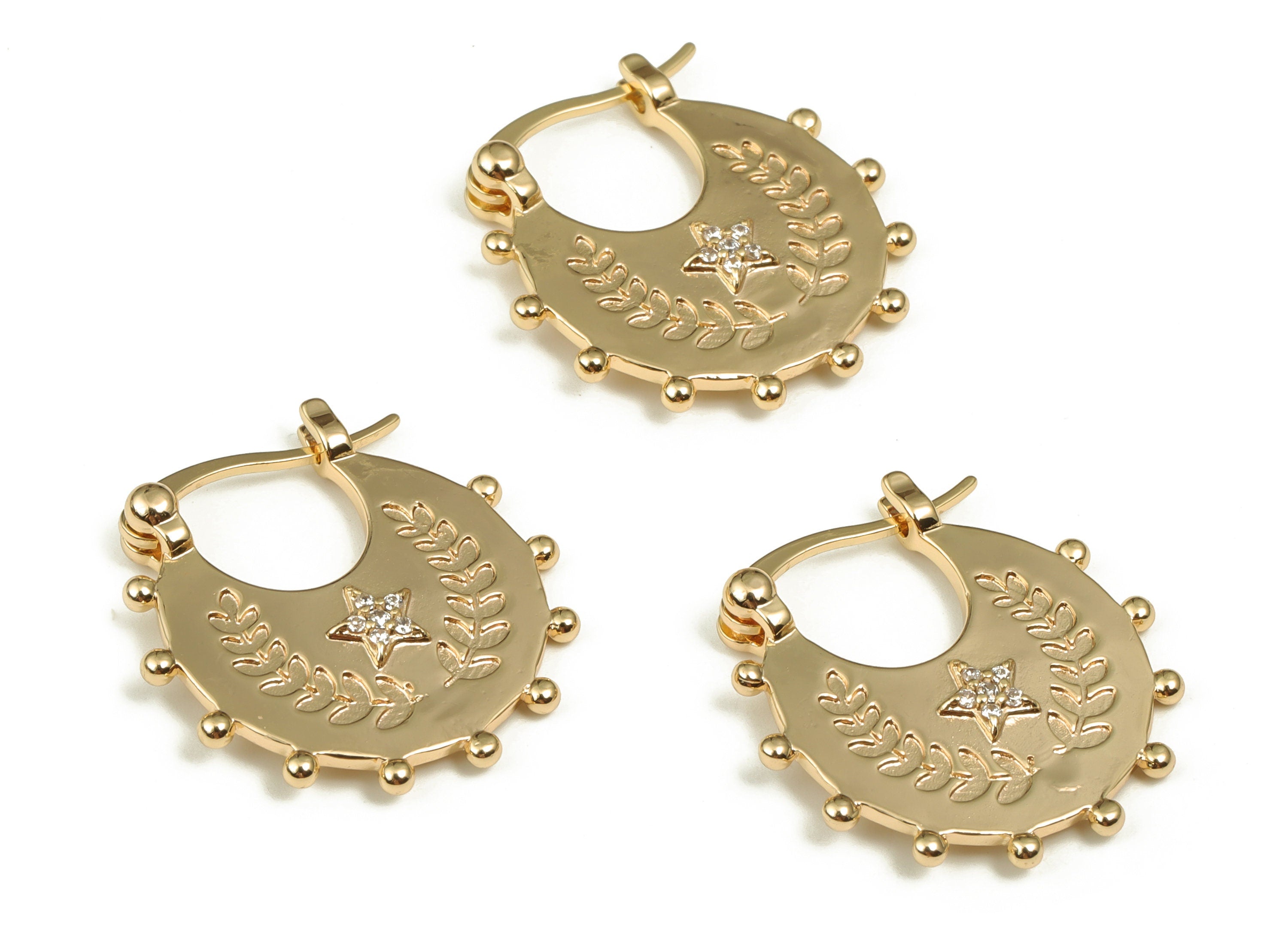 Brass Round Hoop Earring – Zircon Star Bali Hoop Earrings - 18K Real Gold Plated Brass - Jewelry Supplies - 23.6x22.29x3.45mm - RGP4018 - DOMEDBAZAAR