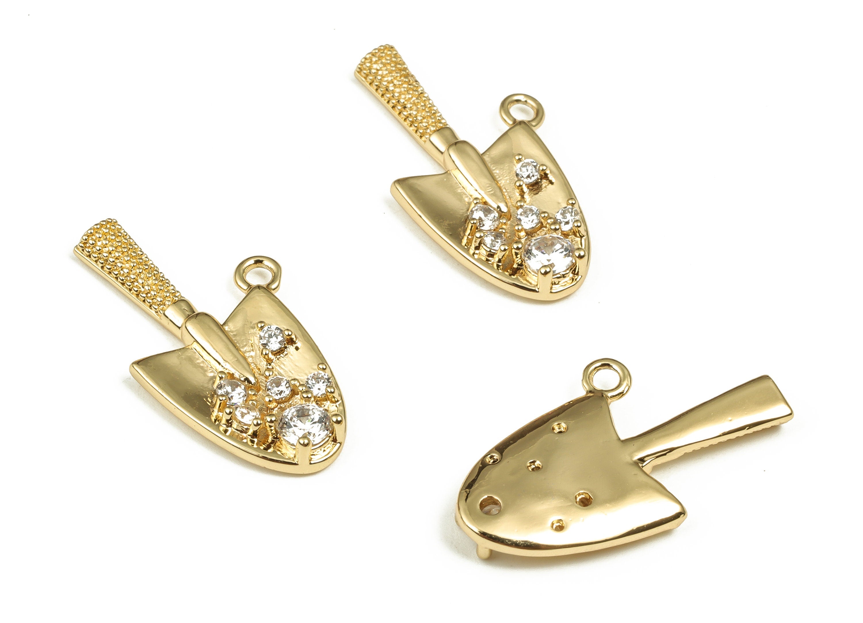 Brass Shovel Earring Charms with Zircons - Gold Hand Shovel Pendant Charm - 18K Gold Plated Brass - Jewelry Supplies - 21x12x2.1mm- RGP4026 - DOMEDBAZAAR