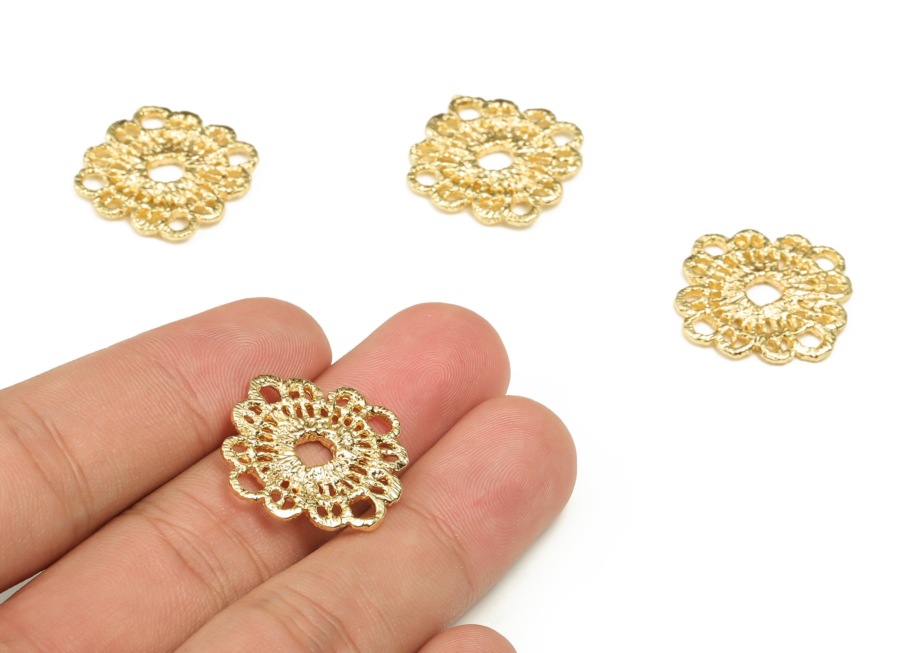 Brass Texture Flower Earring Connector - Gold Flower Charms - 18K Real Gold Plated Brass - Jewelry Supplies - 24.05x23.85x1.96mm - RGP3916 - DOMEDBAZAAR