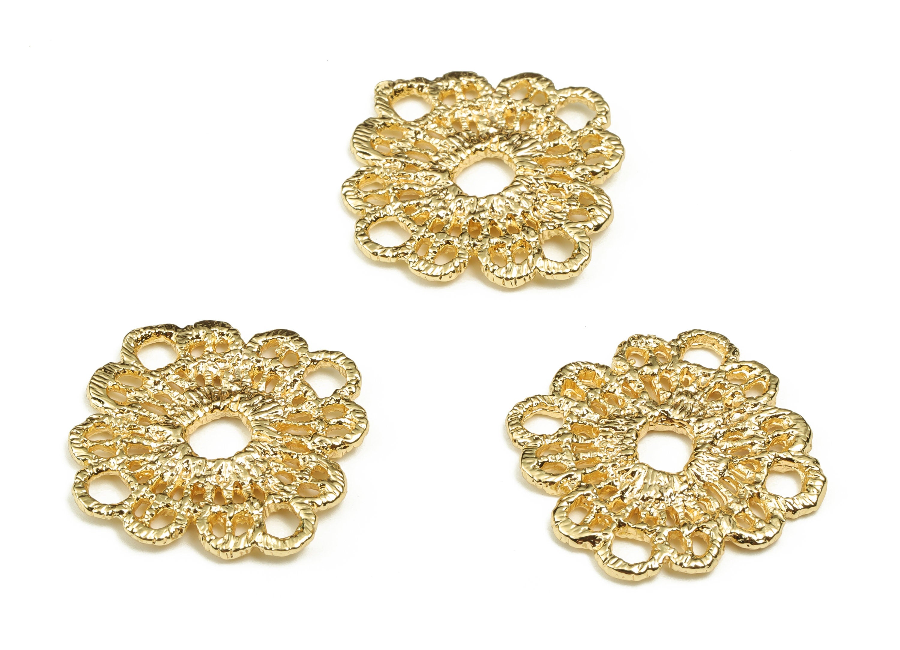 Brass Texture Flower Earring Connector - Gold Flower Charms - 18K Real Gold Plated Brass - Jewelry Supplies - 24.05x23.85x1.96mm - RGP3916 - DOMEDBAZAAR