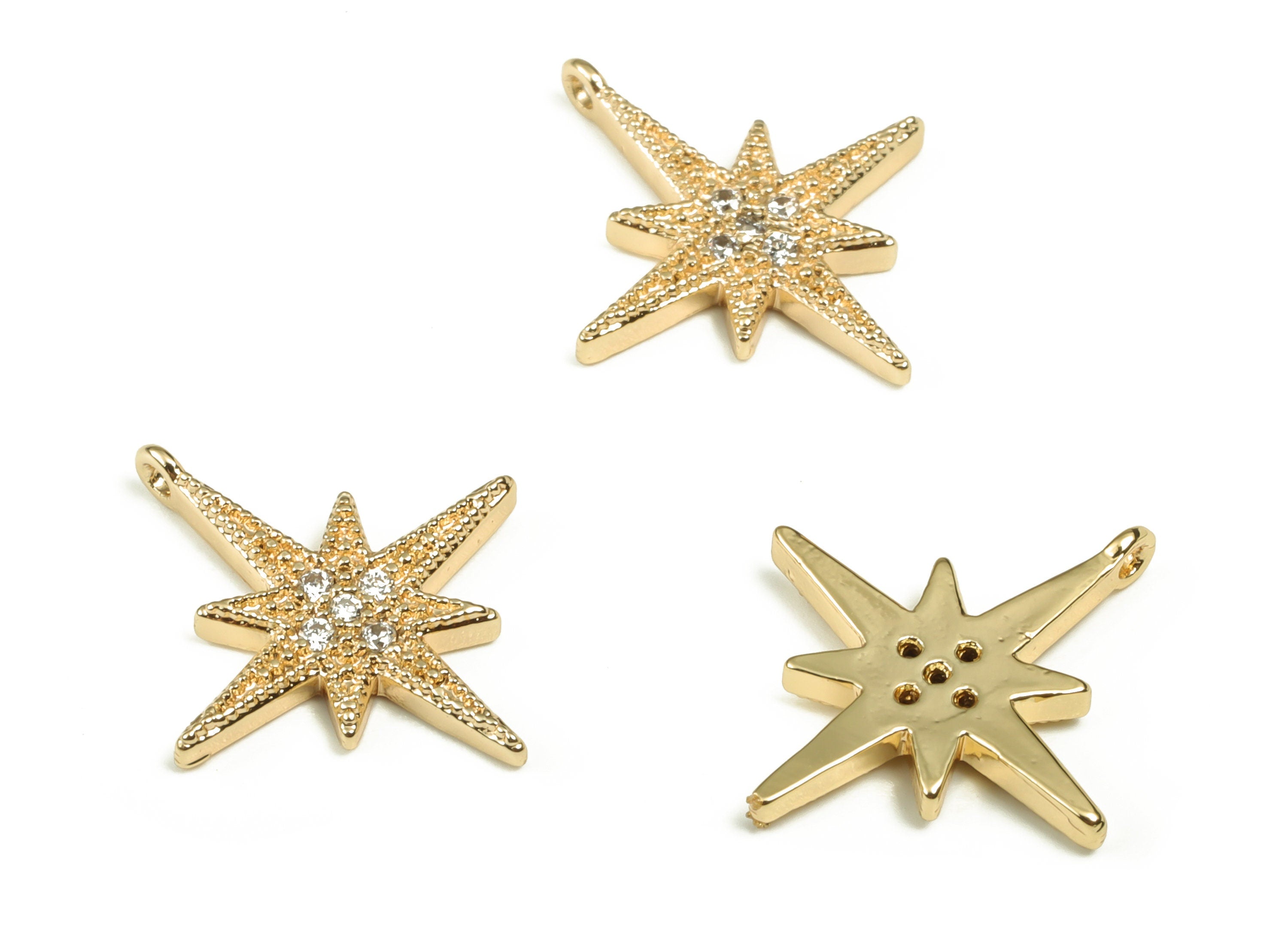Brass Planet Earring Charms With Zircons - Gold Star Pendant - 18K Real Gold Plated Brass - Jewelry Supplies - 17.83x15.86x1.9mm - RGP3397 - DOMEDBAZAAR