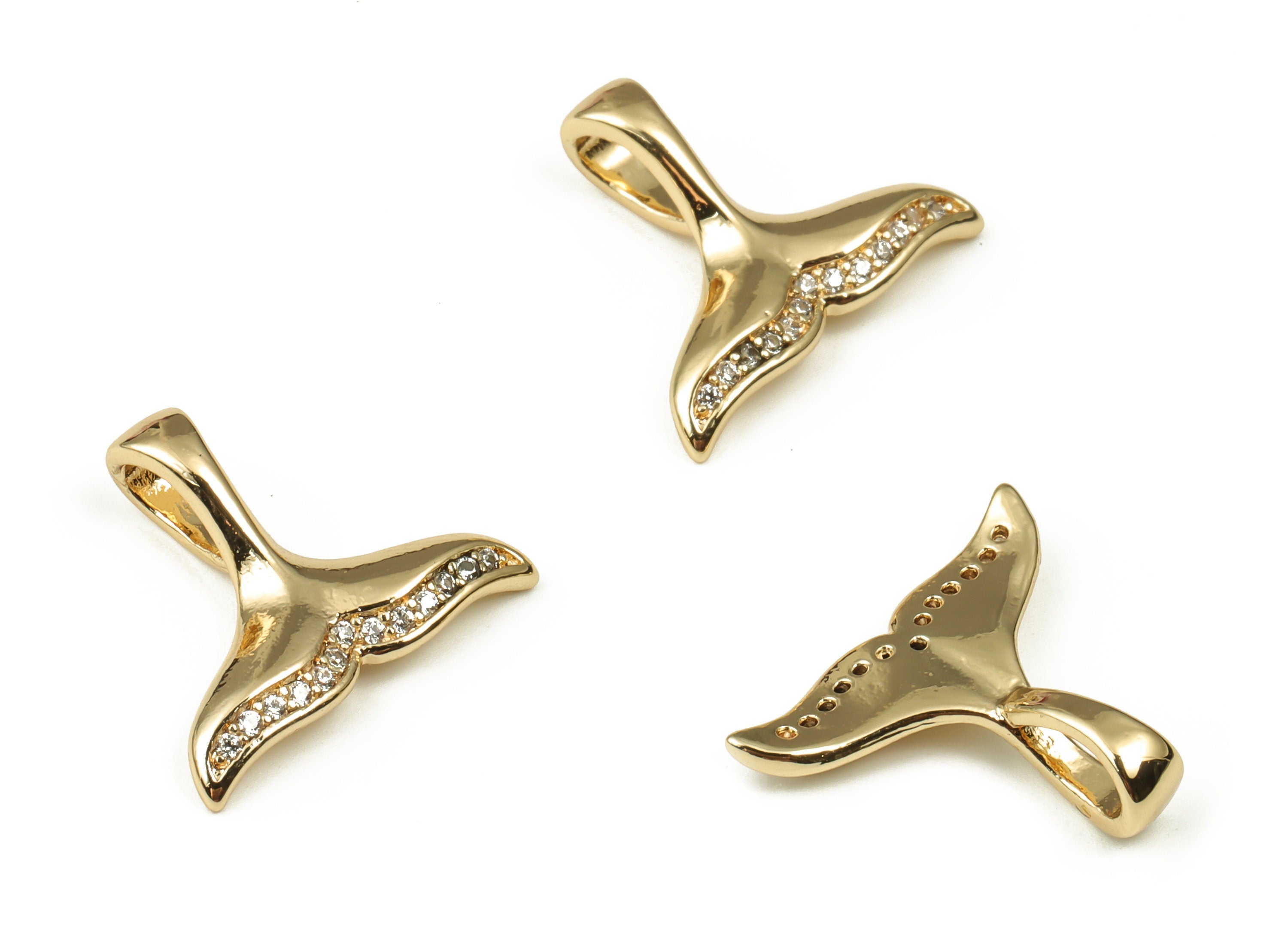 Brass Fish Tail Earring Charms With Zircons - Gold Fish Tail Pendant - 18K Real Gold Plated Brass - 17.39x14.71x2.08mm - RGP3377 - DOMEDBAZAAR