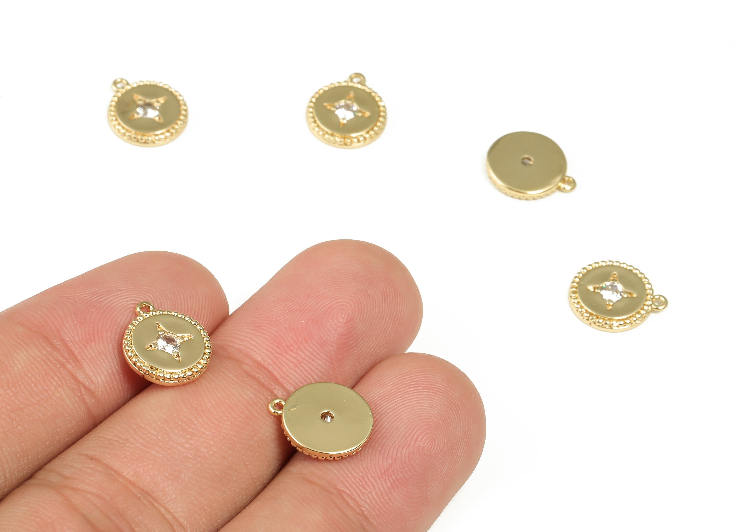 Brass Round Earring Charms With Zircons - Gold Star Pendant - 18K Real Gold Plated Brass - Jewelry Supplies - 11.41x9.77x1.85mm - RGP3400 - DOMEDBAZAAR
