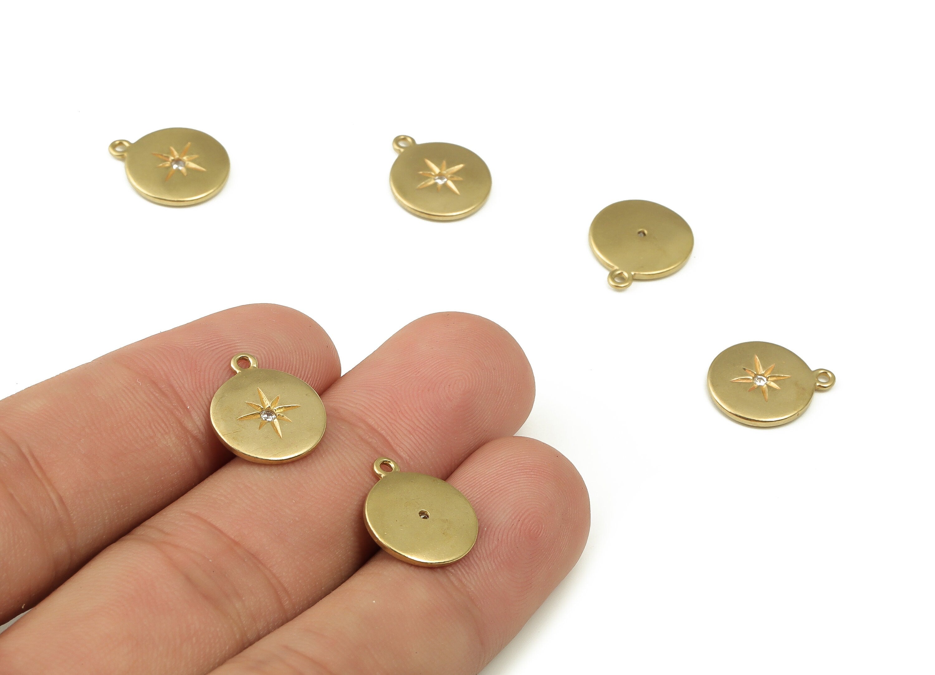 Brass Round Star Earring Charms With Zircon - Raw Brass Circle Pendant - Earring Finding - Jewelry Making Supplies - 14x11.9x1.6mm - PP4500 - DOMEDBAZAAR