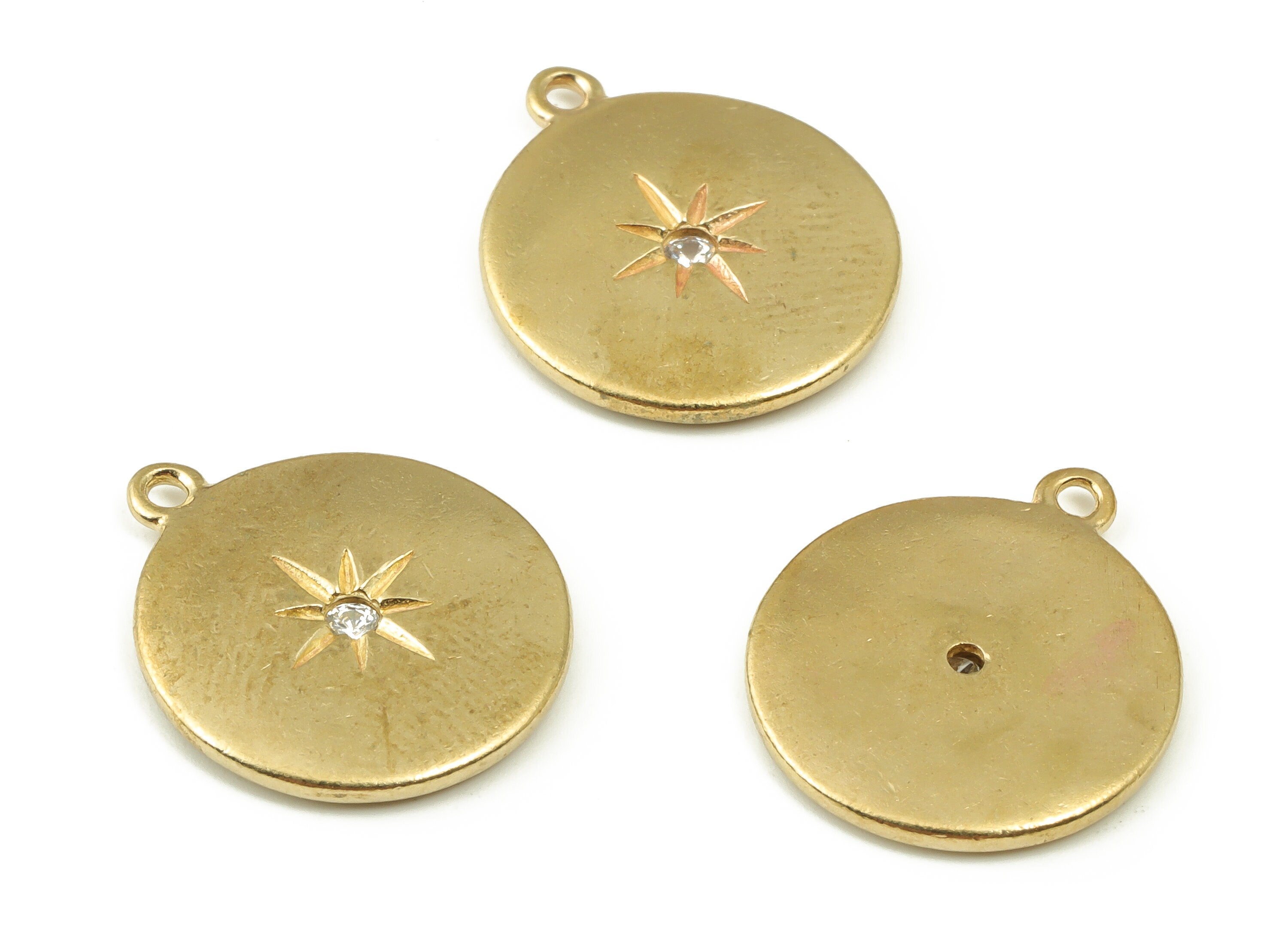 Brass Round Star Earring Charms With Zircon - Raw Brass Circle Pendant - Earring Finding - Jewelry Making Supplies - 17x14.8x1.9mm - PP4510 - DOMEDBAZAAR