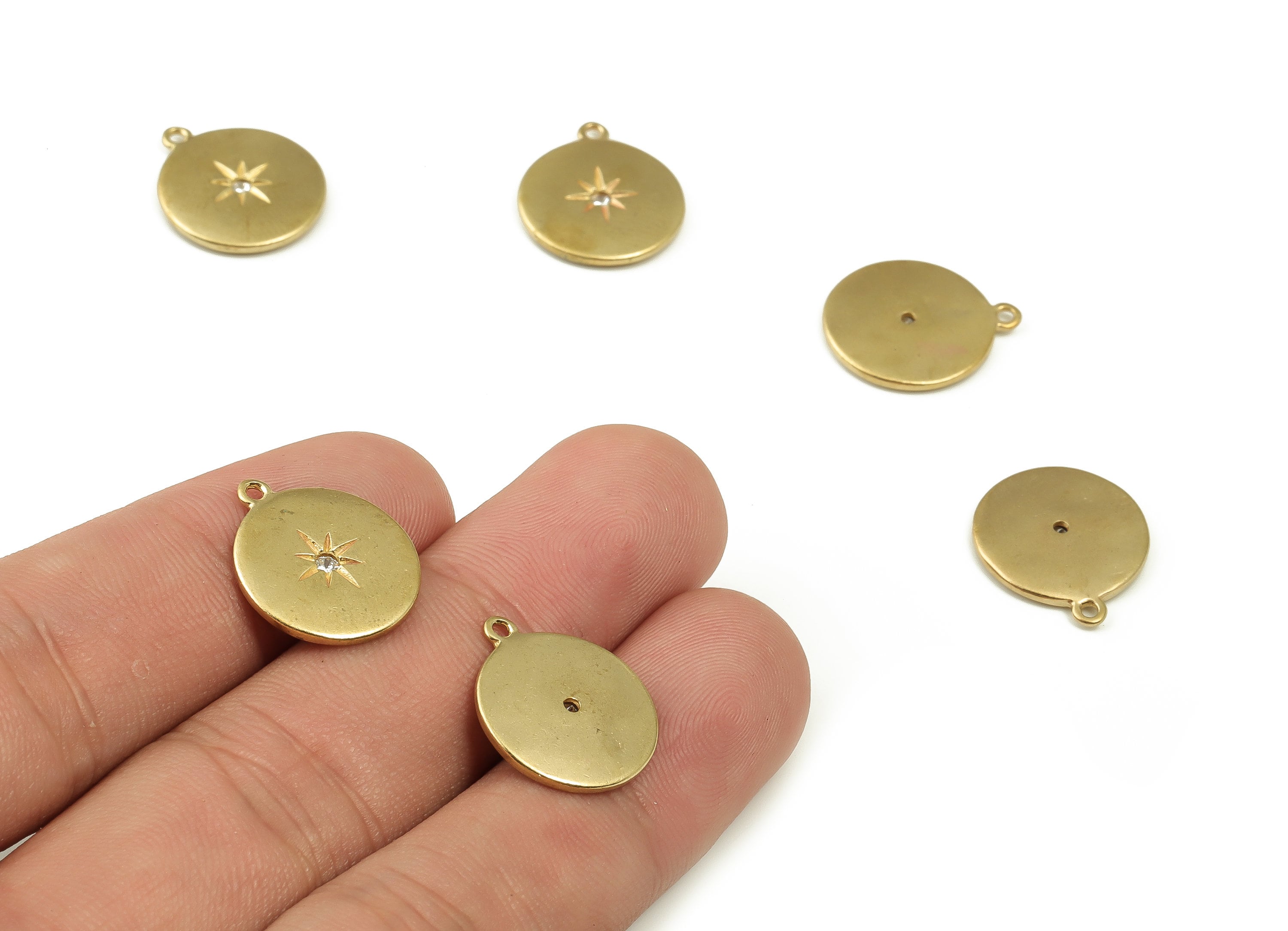 Brass Round Star Earring Charms With Zircon - Raw Brass Circle Pendant - Earring Finding - Jewelry Making Supplies - 17x14.8x1.9mm - PP4510 - DOMEDBAZAAR