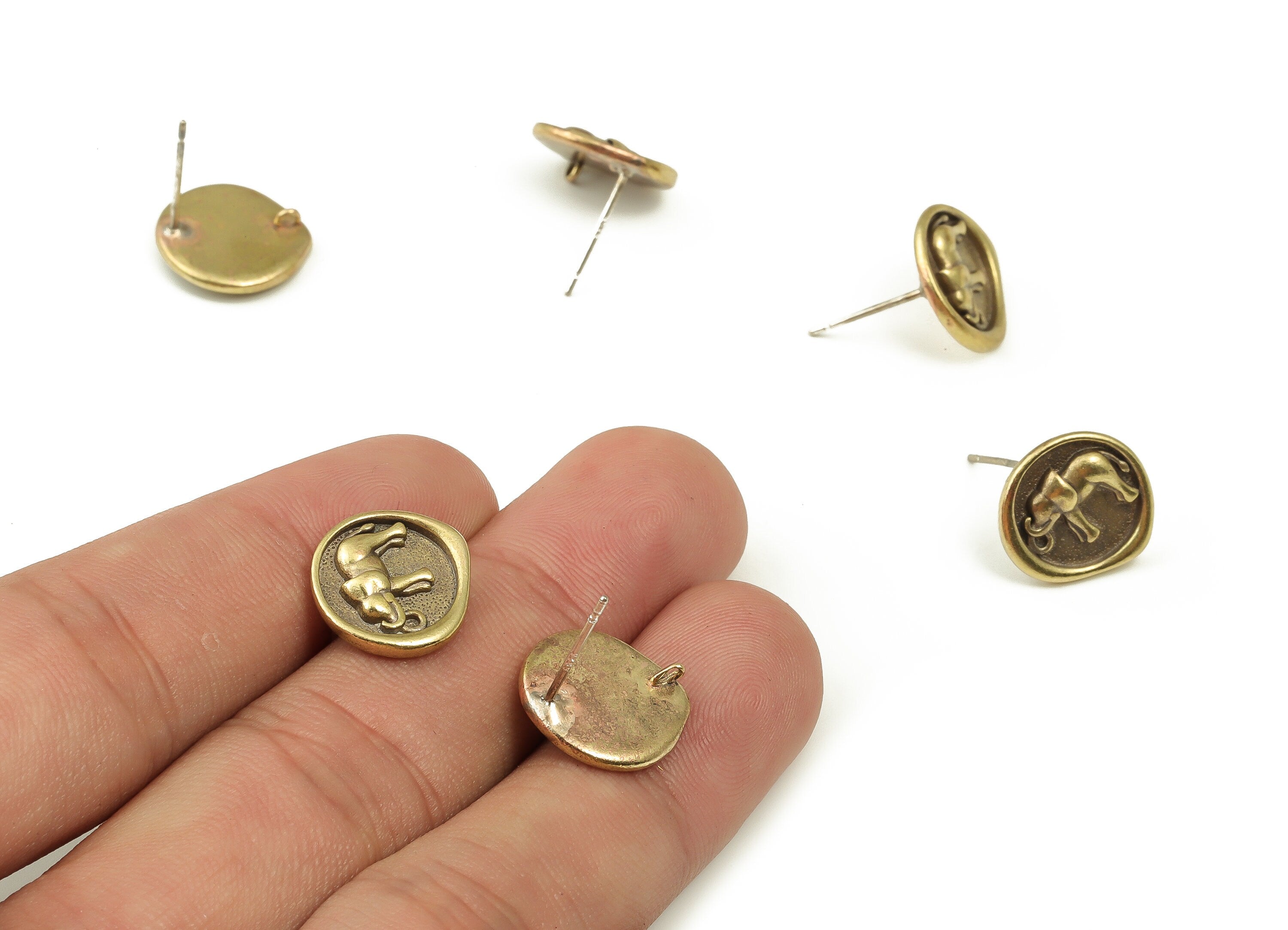 Brass Round Earring Stud - Raw Brass Elephant Earring Post - Silver Stud - Jewelry Making Supplies - 13.76x13.7x2.15mm - PP4491 - DOMEDBAZAAR