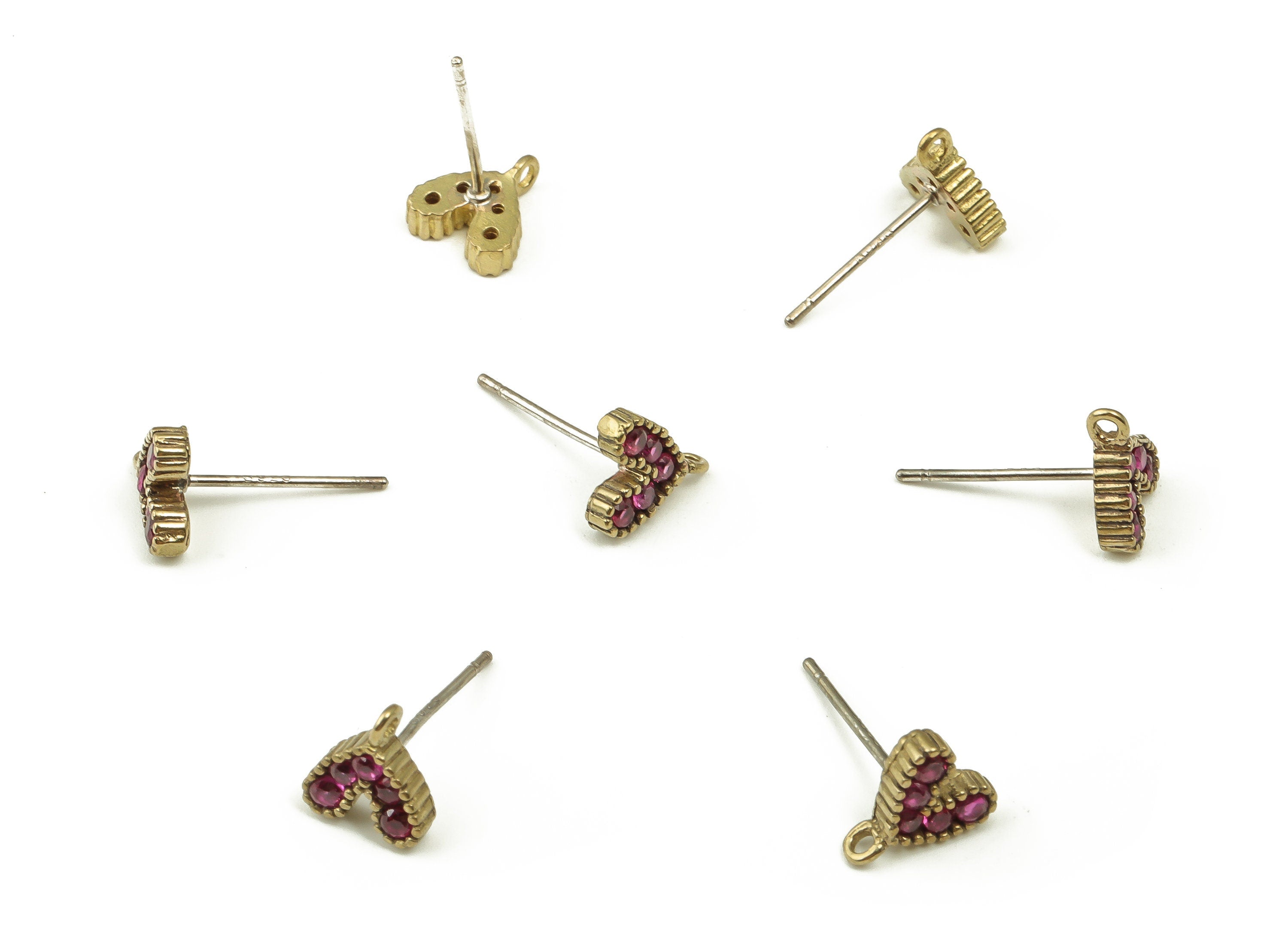 Brass Heart Earring Stud With Zircons - Raw Brass Heart Earring Post - 925 Silver Stud - Jewelry Making Supplies - 8.18x7.39x2.22mm - PP4243 - DOMEDBAZAAR