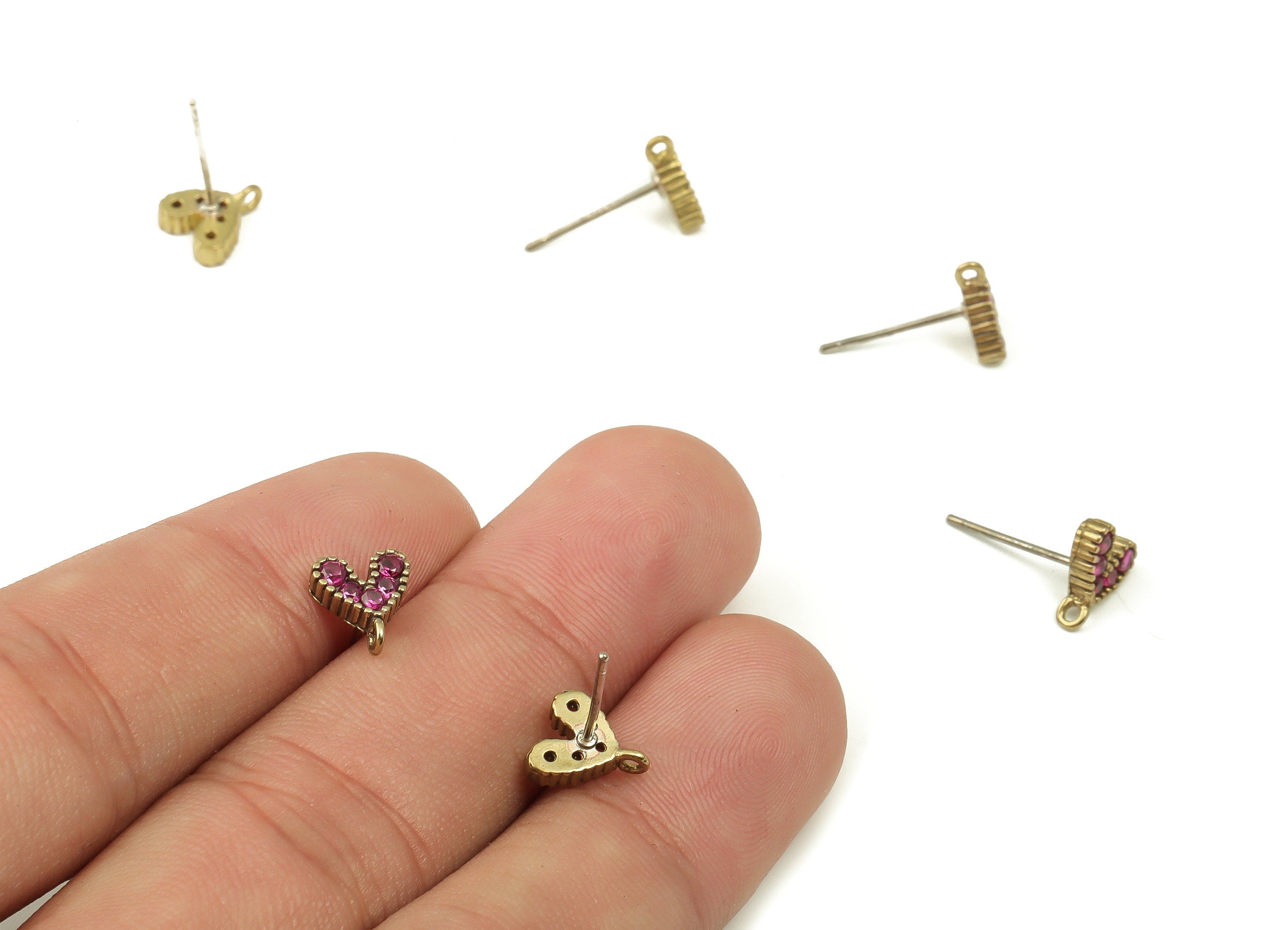 Brass Heart Earring Stud With Zircons - Raw Brass Heart Earring Post - 925 Silver Stud - Jewelry Making Supplies - 8.18x7.39x2.22mm - PP4243 - DOMEDBAZAAR