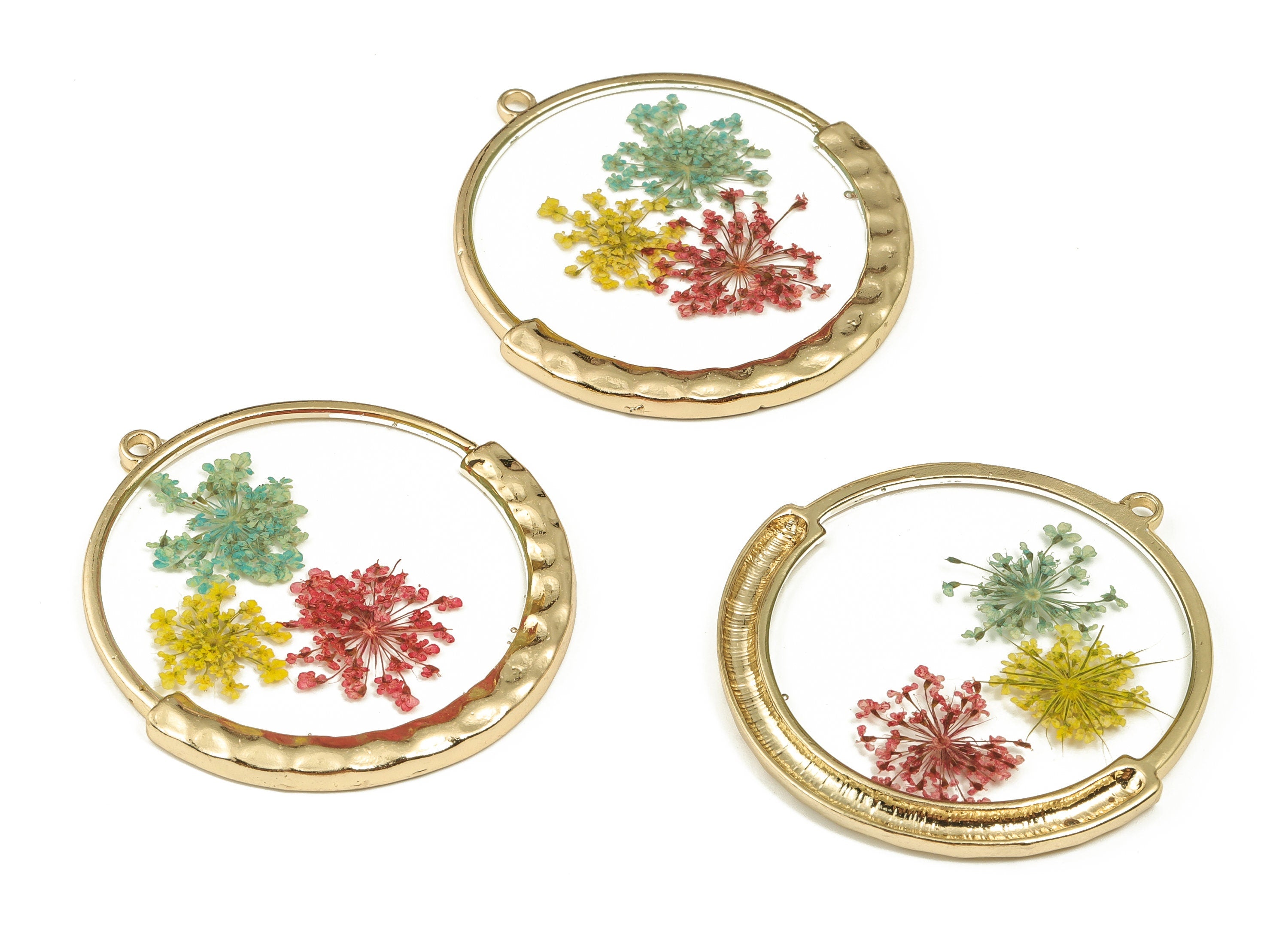 Resin Round Dried Real Flower Charm - Resin Lace Flower Pendant Charm - Gold Tone Plated Alloy - Jewelry Supplies-49.27x46.42x3.52mm- RC1186 - DOMEDBAZAAR