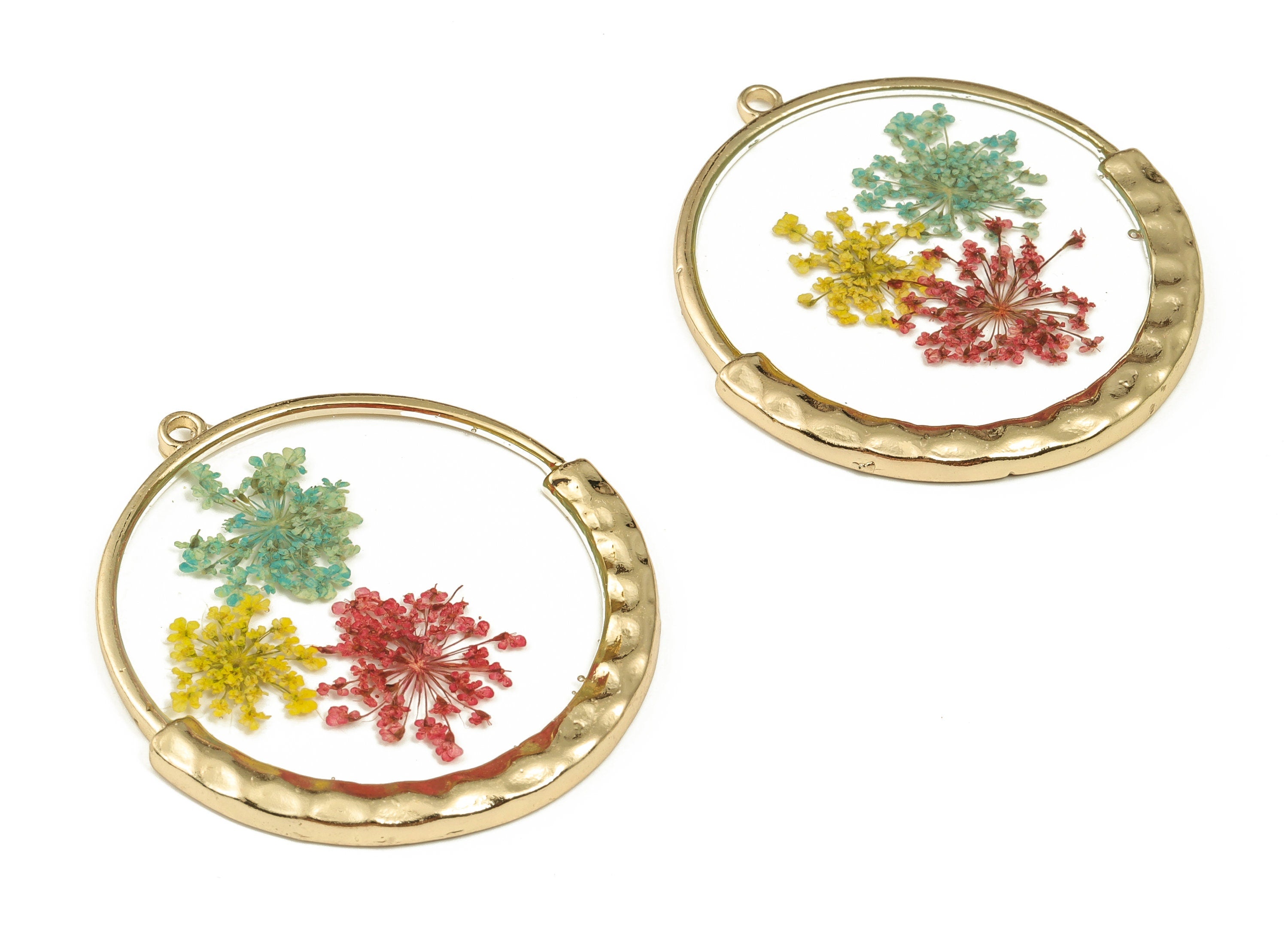 Resin Round Dried Real Flower Charm - Resin Lace Flower Pendant Charm - Gold Tone Plated Alloy - Jewelry Supplies-49.27x46.42x3.52mm- RC1186 - DOMEDBAZAAR