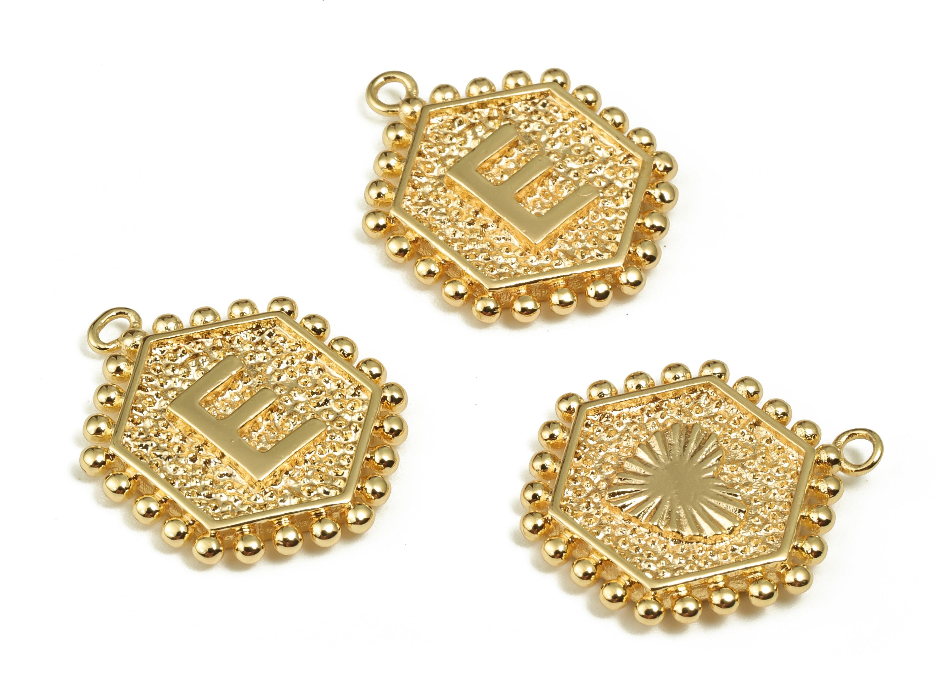 Brass Hexagon Letter E Charms - Alphabet Pendant Charm - 18K Shiny Gold Plated Initial Charm - Jewelry Supplies -19.25x15.8x2.5mm- RGP3775E - DOMEDBAZAAR