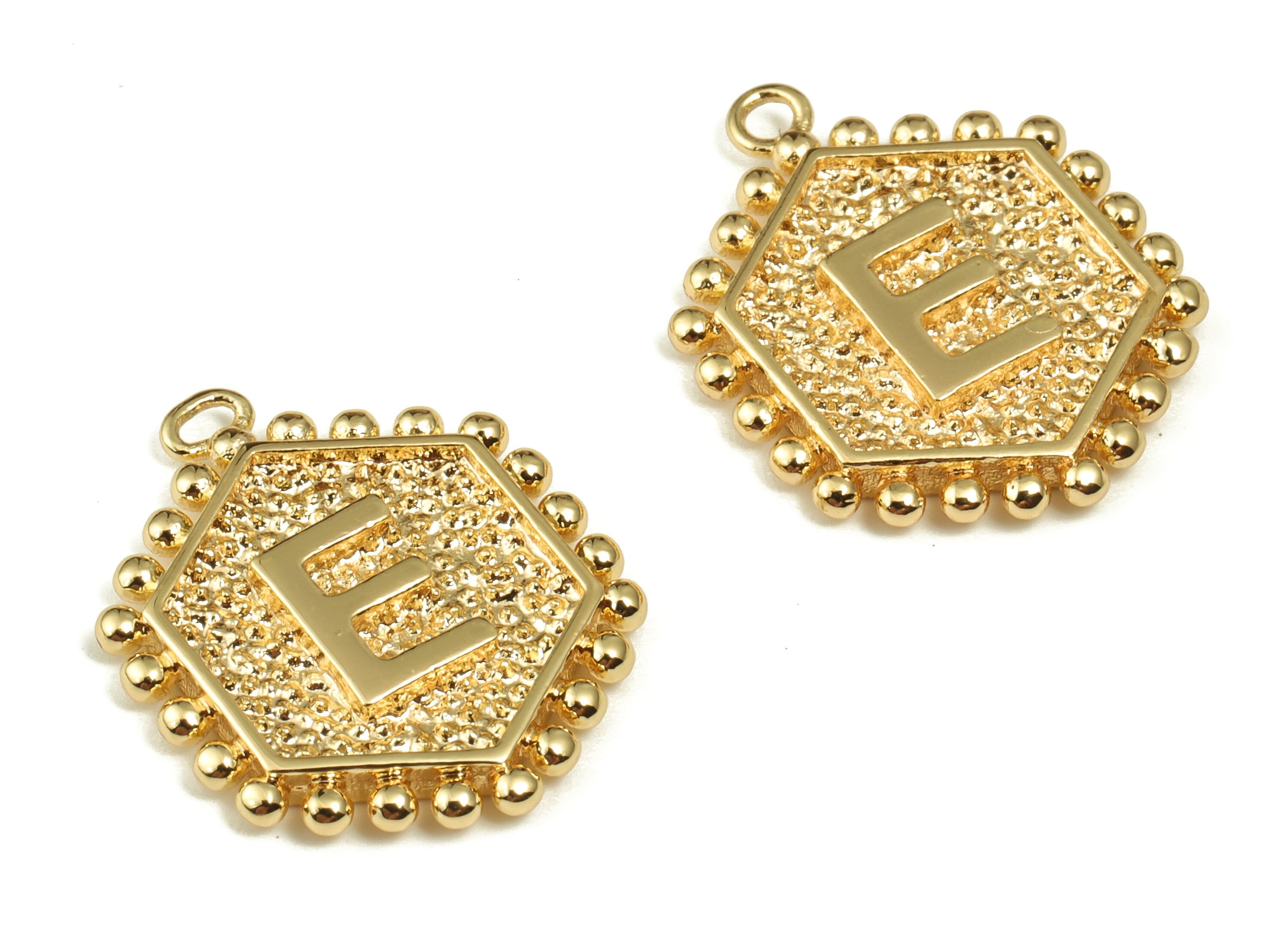 Brass Hexagon Letter E Charms - Alphabet Pendant Charm - 18K Shiny Gold Plated Initial Charm - Jewelry Supplies -19.25x15.8x2.5mm- RGP3775E - DOMEDBAZAAR
