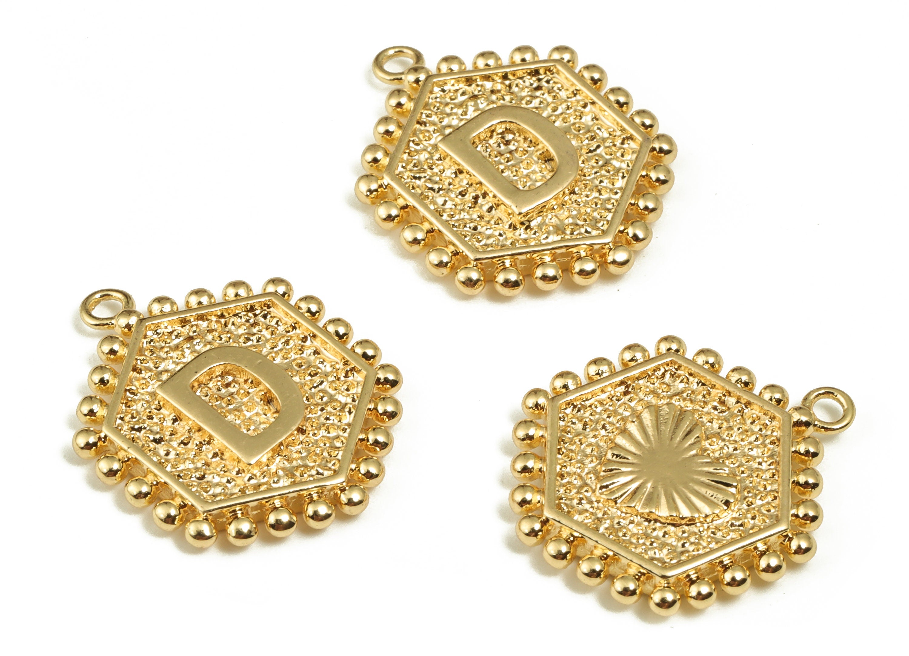 Brass Hexagon Letter D Charms - Alphabet Pendant Charm - 18K Shiny Gold Plated Initial Charm - Jewelry Supplies -19.55x15.9x2.4mm- RGP3775D - DOMEDBAZAAR