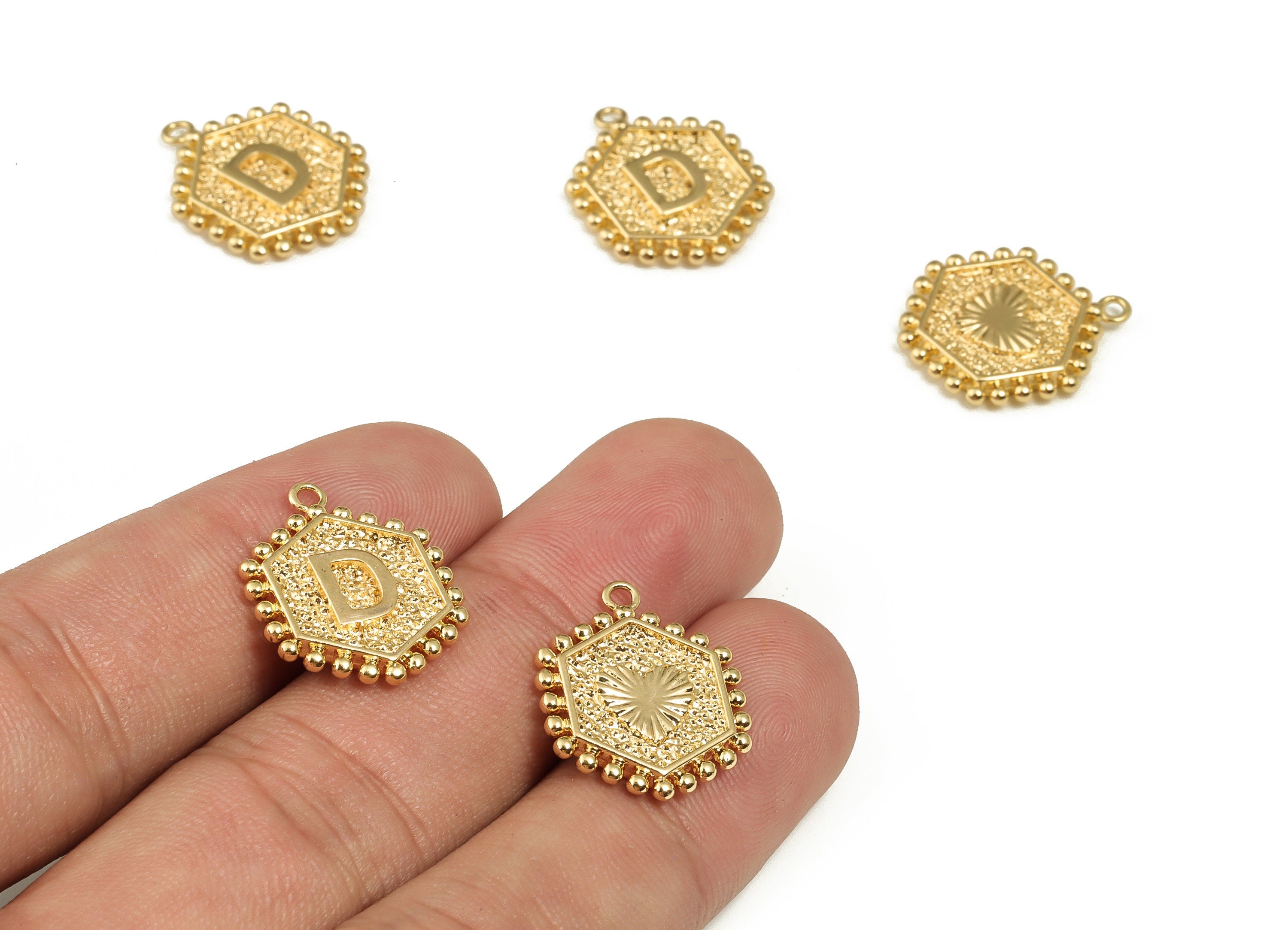 Brass Hexagon Letter D Charms - Alphabet Pendant Charm - 18K Shiny Gold Plated Initial Charm - Jewelry Supplies -19.55x15.9x2.4mm- RGP3775D - DOMEDBAZAAR